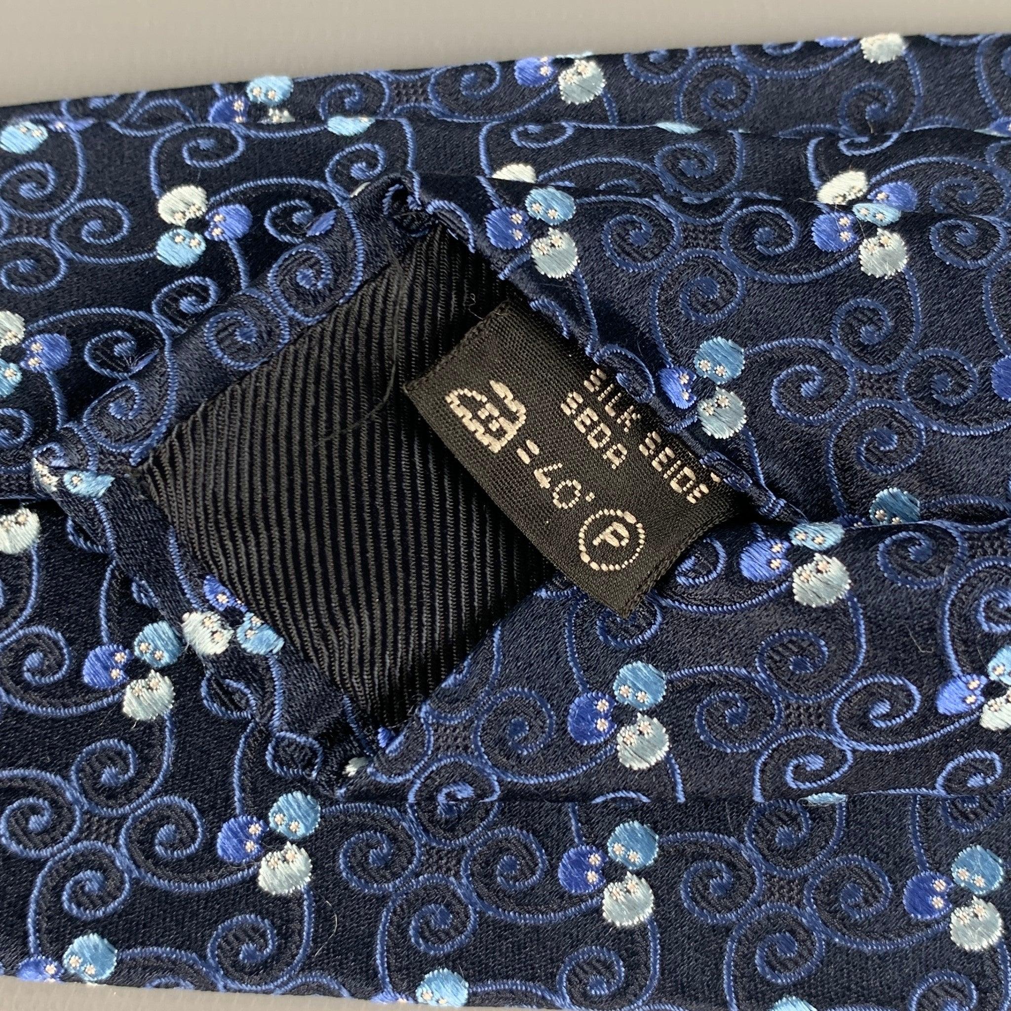 ERMENEGILDO ZEGNA Black Blue Swirls Silk Satin Tie For Sale 1