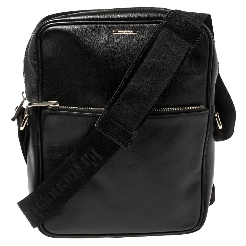 Ermenegildo Zegna Black Leather Front Zip Pocket Messenger Bag