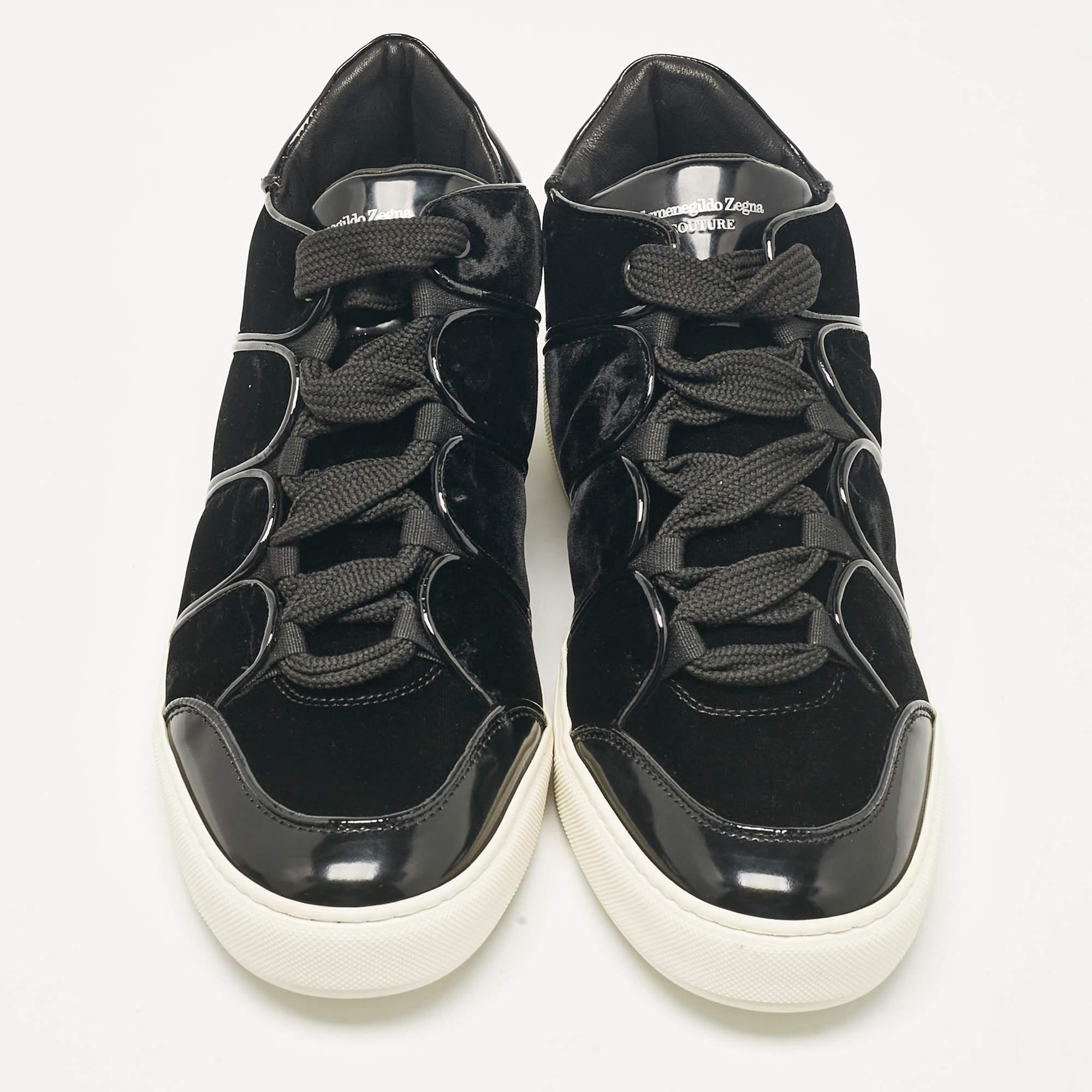 Nero Ermenegildo Zegna, scarpe da ginnastica in vernice nera e velluto Up & Up Taglia 39,5 in vendita