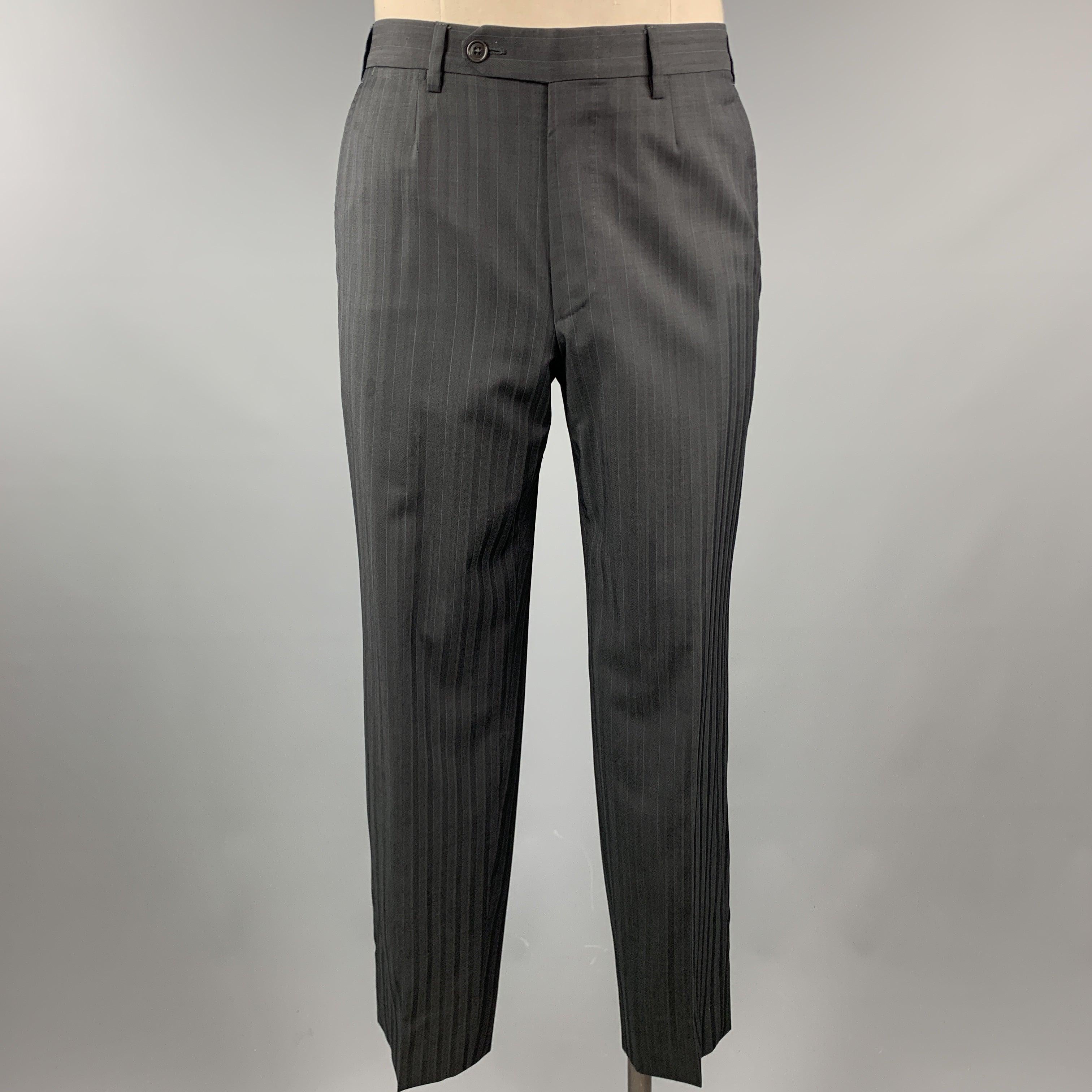 ERMENEGILDO ZEGNA Black Stripe Wool Notch Lapel 34 x 30 Suit In Excellent Condition For Sale In San Francisco, CA