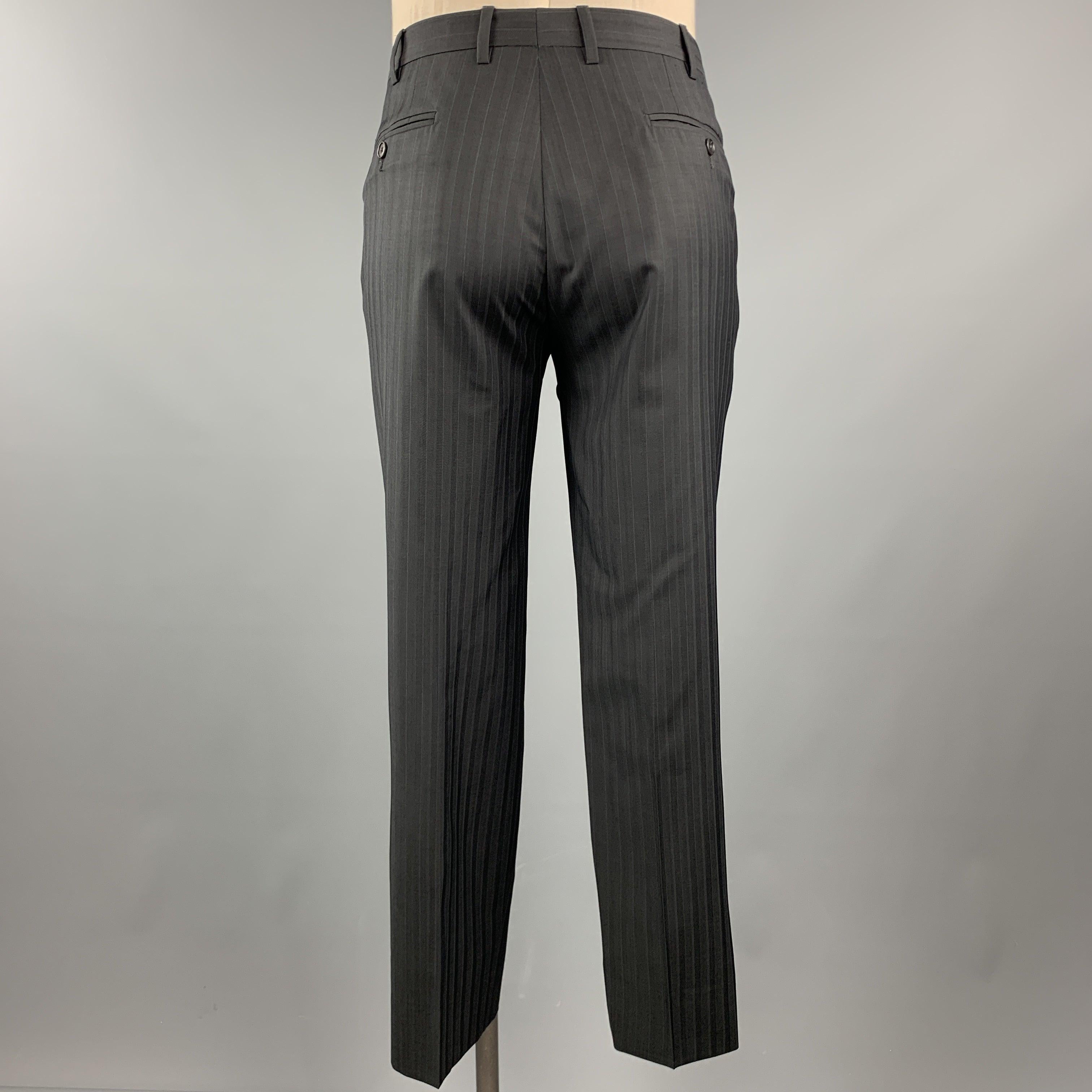 Men's ERMENEGILDO ZEGNA Black Stripe Wool Notch Lapel 34 x 30 Suit For Sale