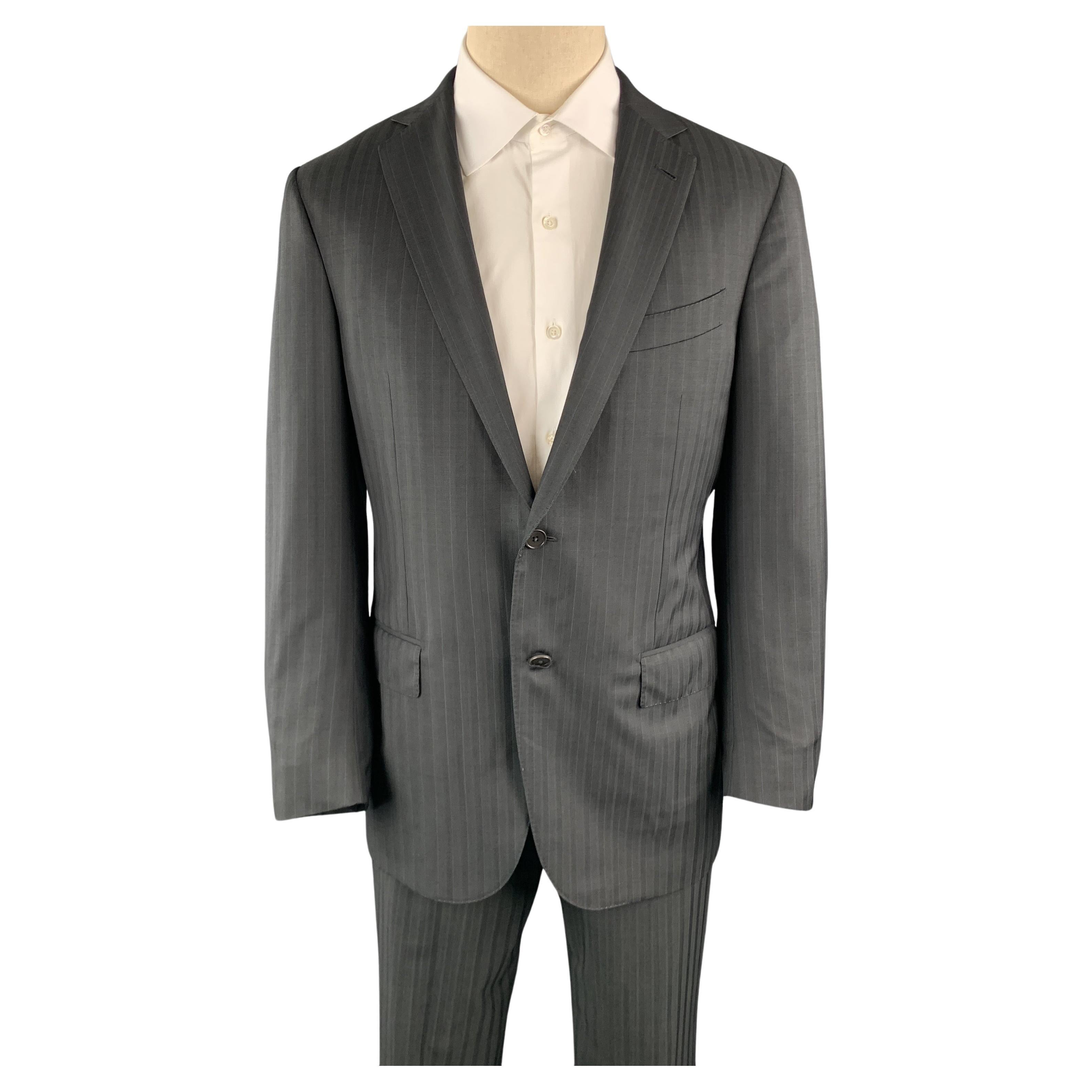 ERMENEGILDO ZEGNA Black Stripe Wool Notch Lapel 34 x 30 Suit For Sale