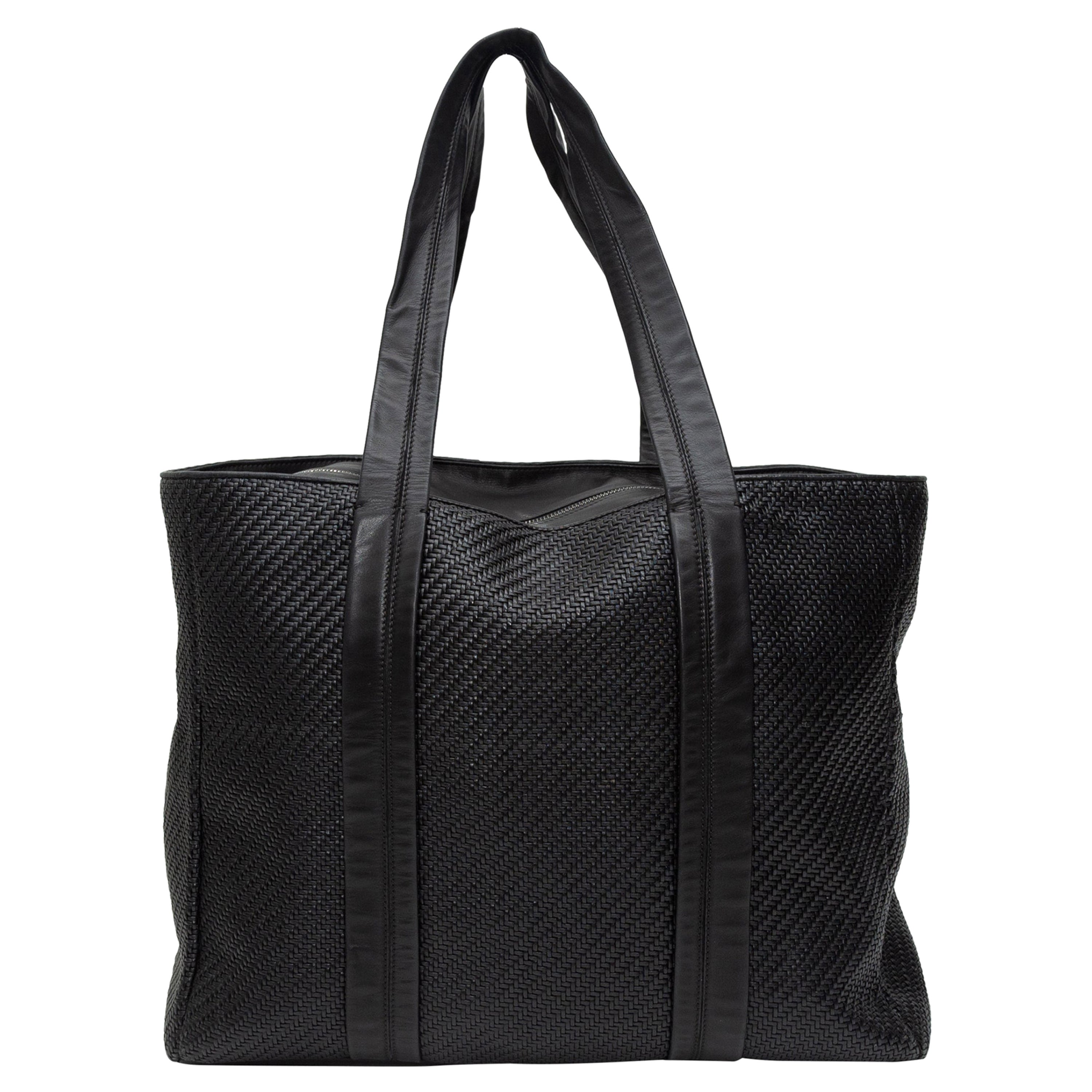 Ermenegildo Zegna Black Woven Leather Tote Bag