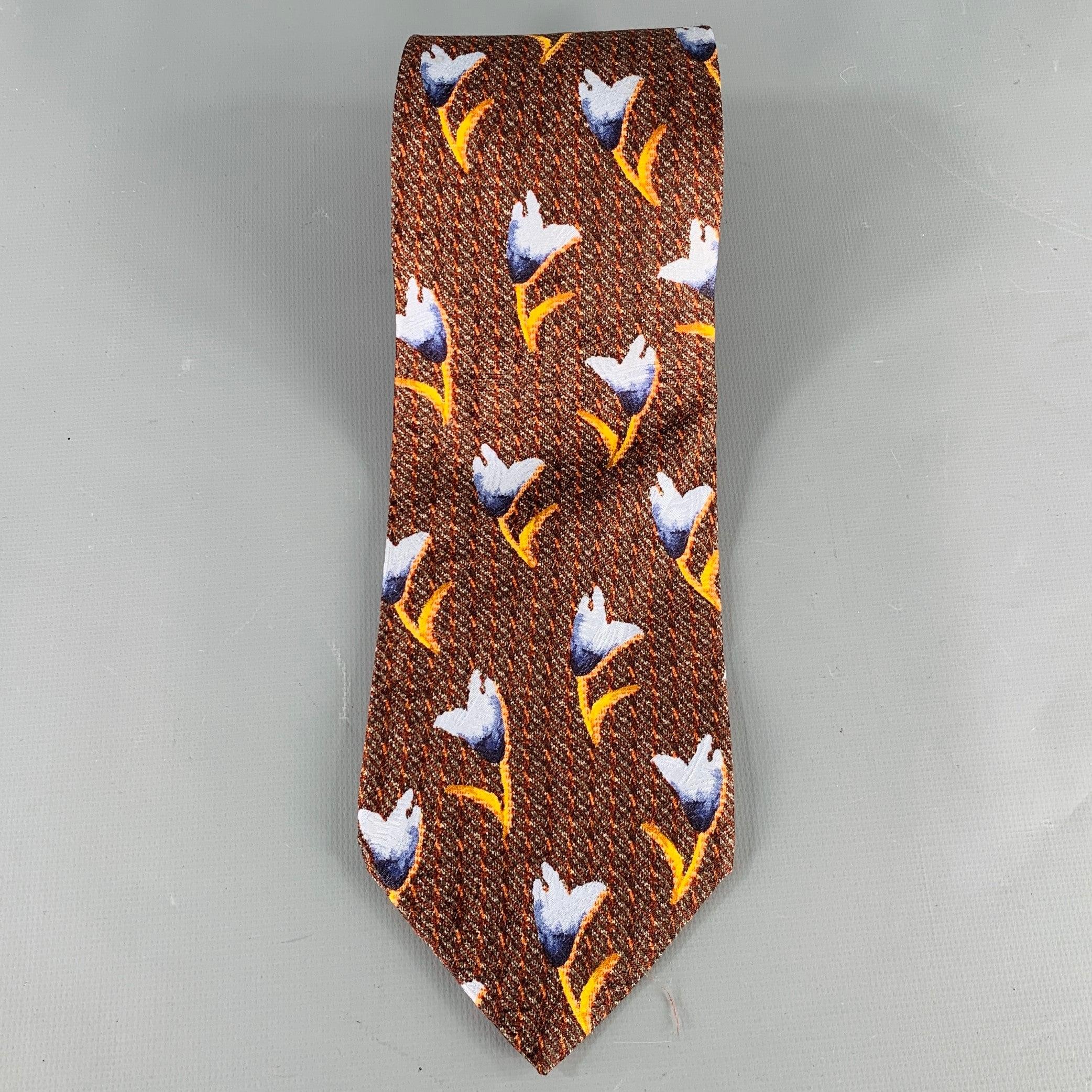 ERMENEGILDO ZEGNA Blue Brown Abstrack Floral Silk Tie In Good Condition For Sale In San Francisco, CA