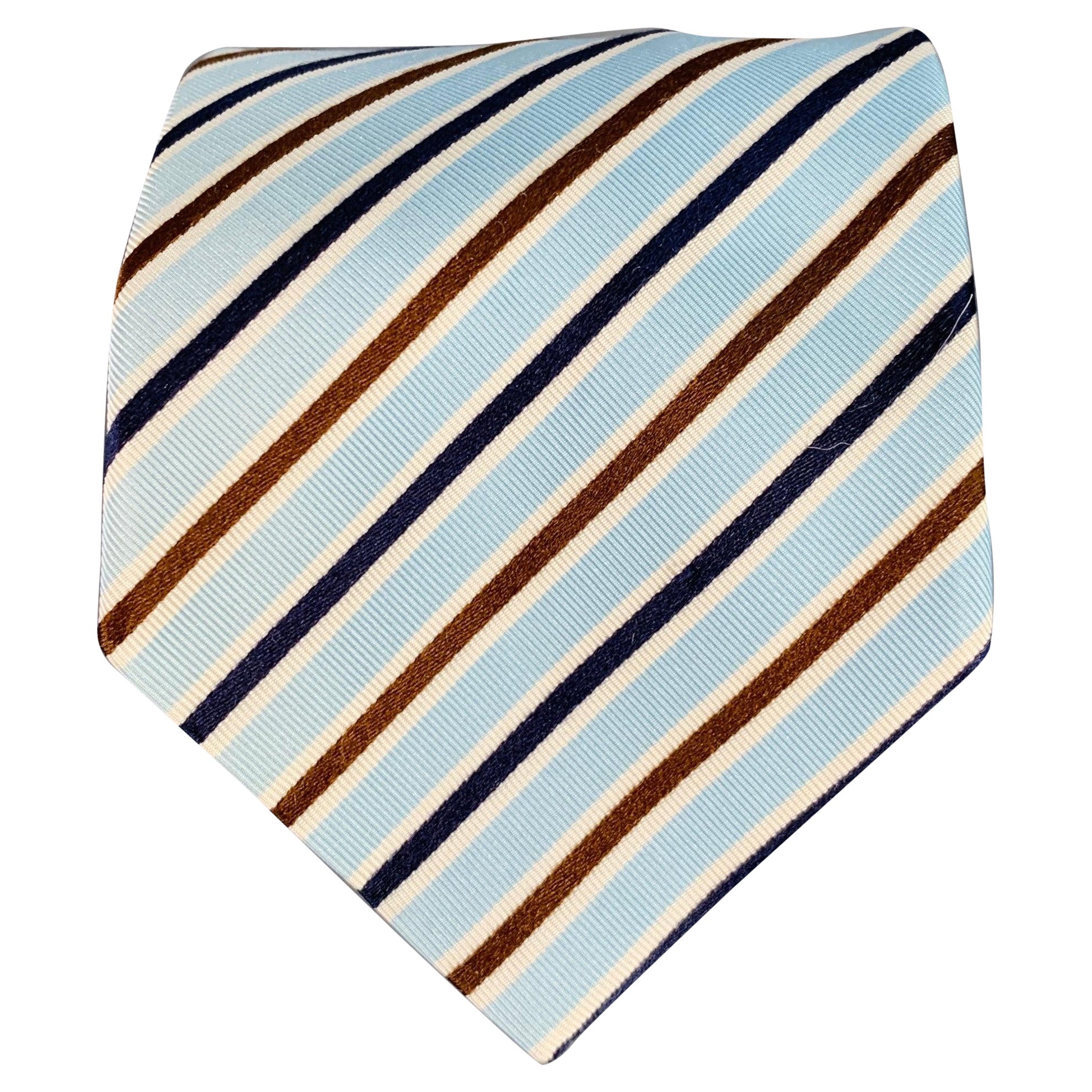 ERMENEGILDO ZEGNA Blue Brown White Diagonal Stripe Silk Cotton Twill Tie