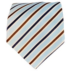 ERMENEGILDO ZEGNA Blue Brown White Diagonal Stripe Silk Cotton Twill Tie