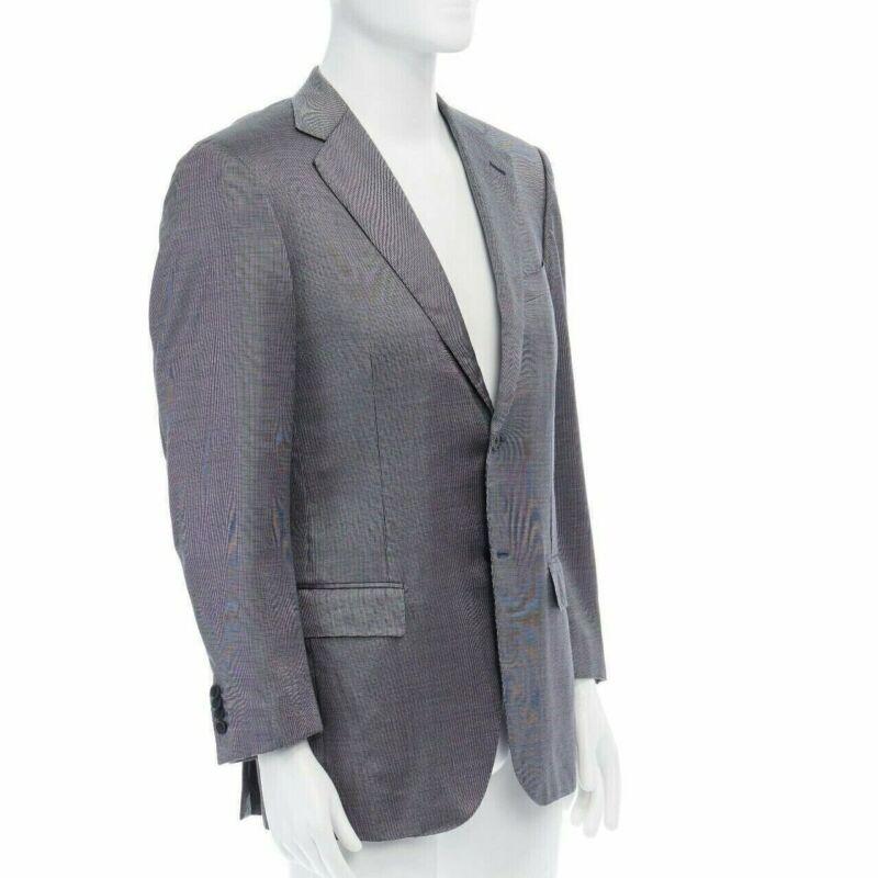 Gray ERMENEGILDO ZEGNA blue grey silk wool dual button classic blazer jacket 50R L For Sale