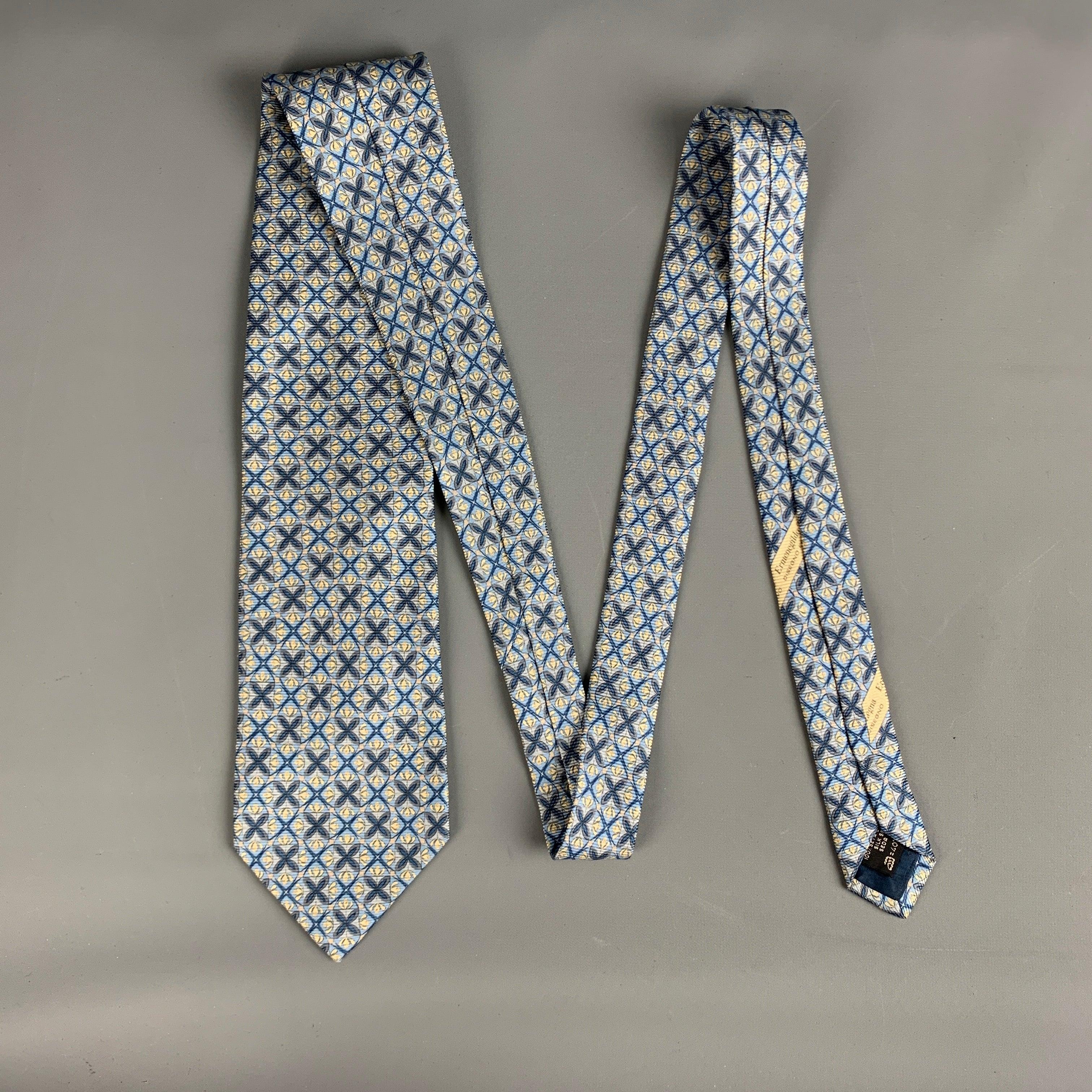 ERMENEGILDO ZEGNA Blue Yellow Abstrack Floral Silk Tie In Good Condition For Sale In San Francisco, CA