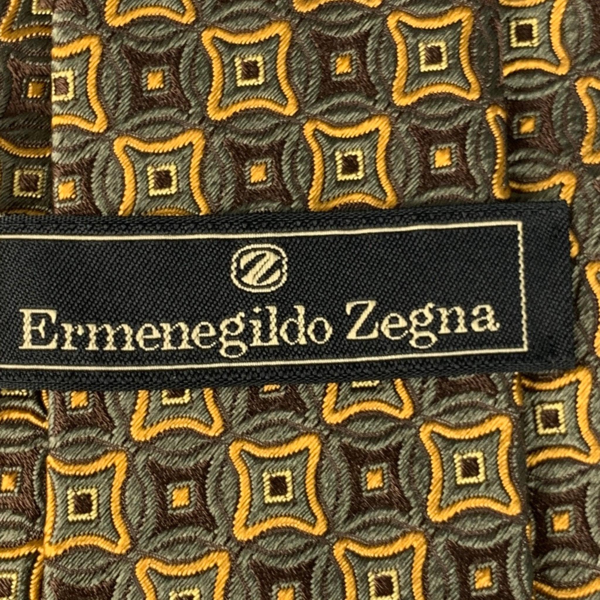 Men's ERMENEGILDO ZEGNA Brown Gold Squares Silk Tie For Sale