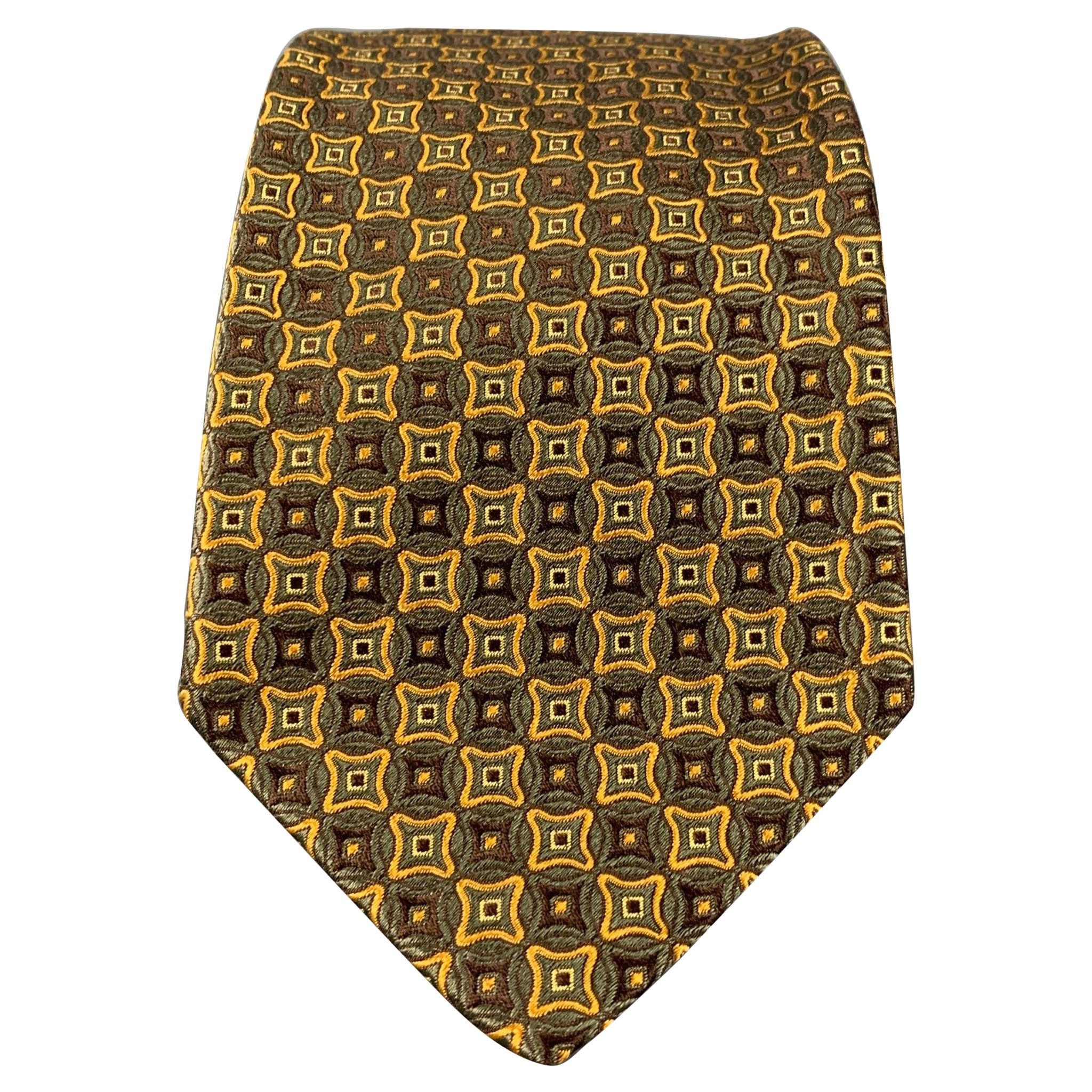 ERMENEGILDO ZEGNA Corbata de Seda Marrón Cuadrados Dorados
