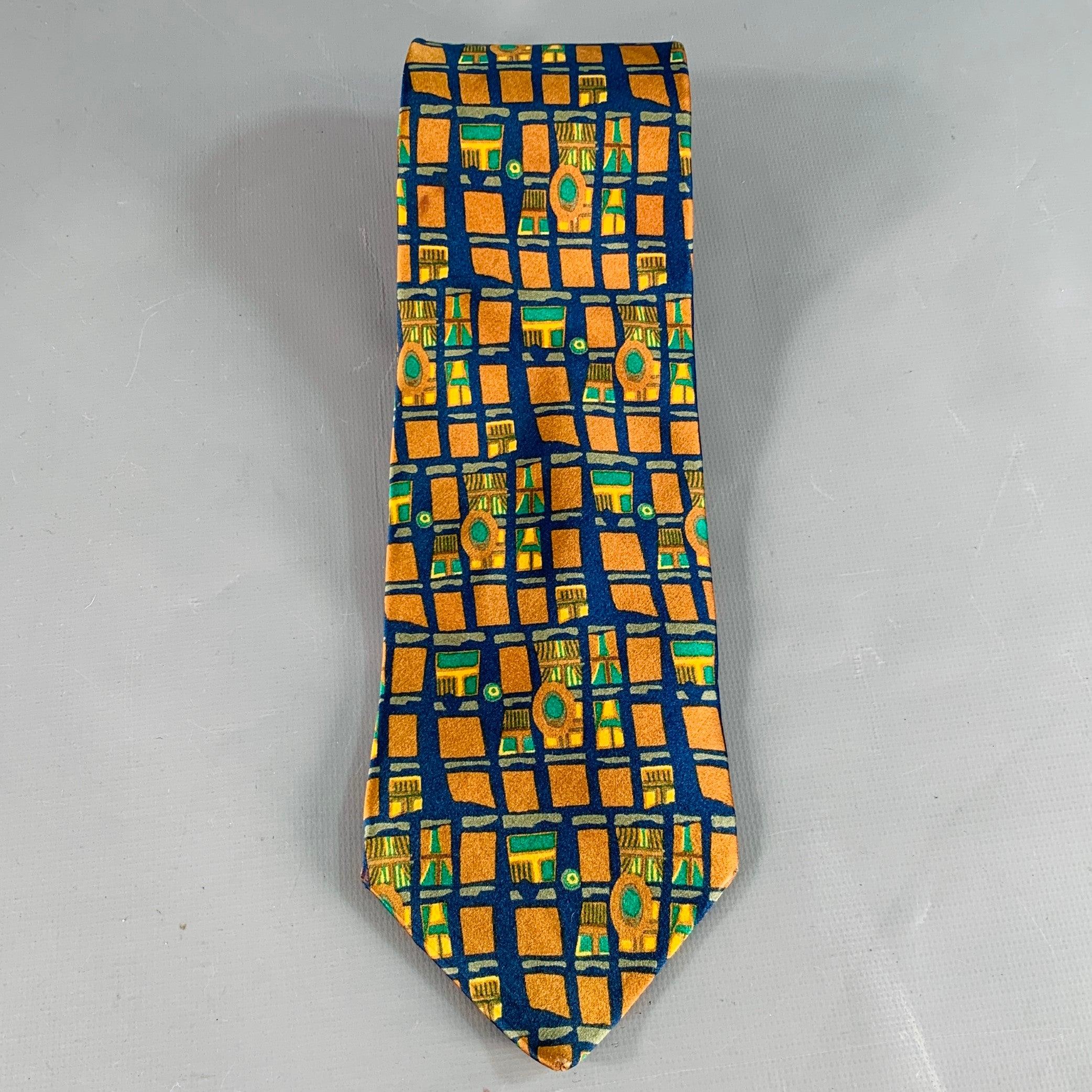 ERMENEGILDO ZEGNA Corbata de Seda Marrón Verde Azul Cuadrados Abstractos Negro en venta