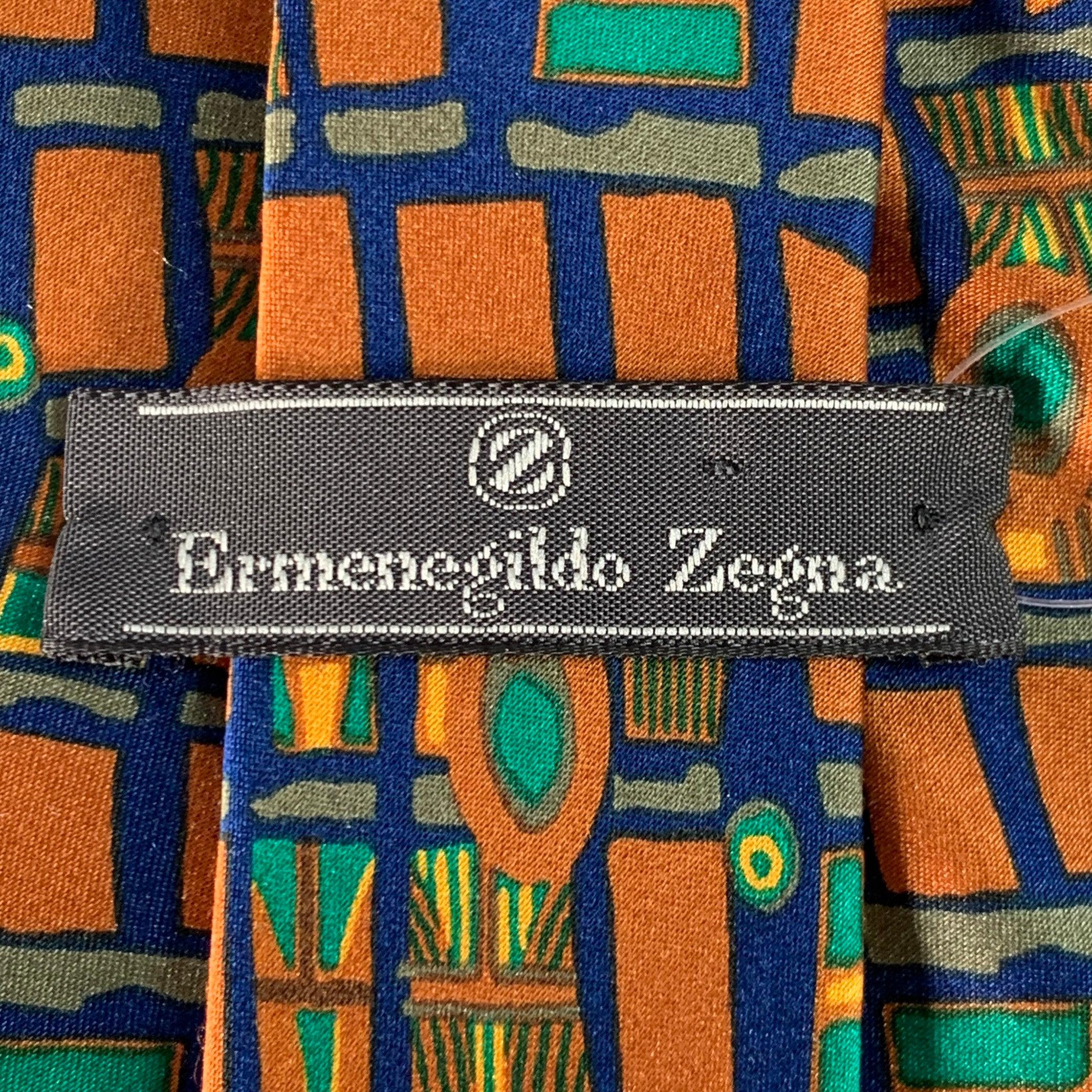 ERMENEGILDO ZEGNA Corbata de Seda Marrón Verde Azul Cuadrados Abstractos en Bueno estado para la venta en San Francisco, CA