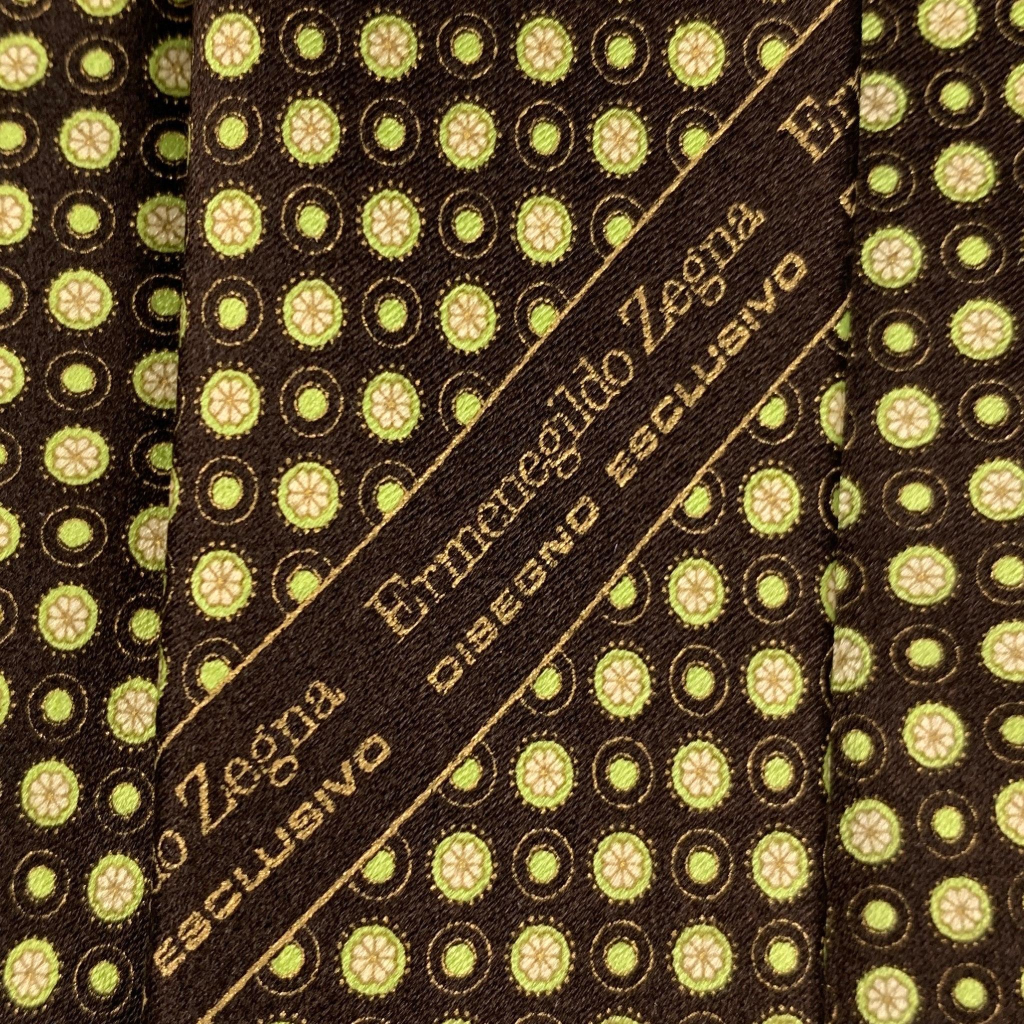 ERMENEGILDO ZEGNA Brown Green Dots Seidensatin Krawatte Herren im Angebot
