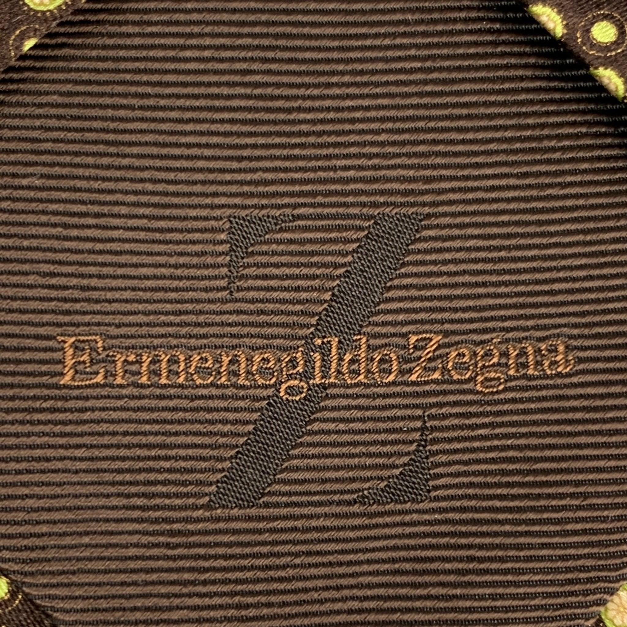ERMENEGILDO ZEGNA Brown Green Dots Seidensatin Krawatte im Angebot 1