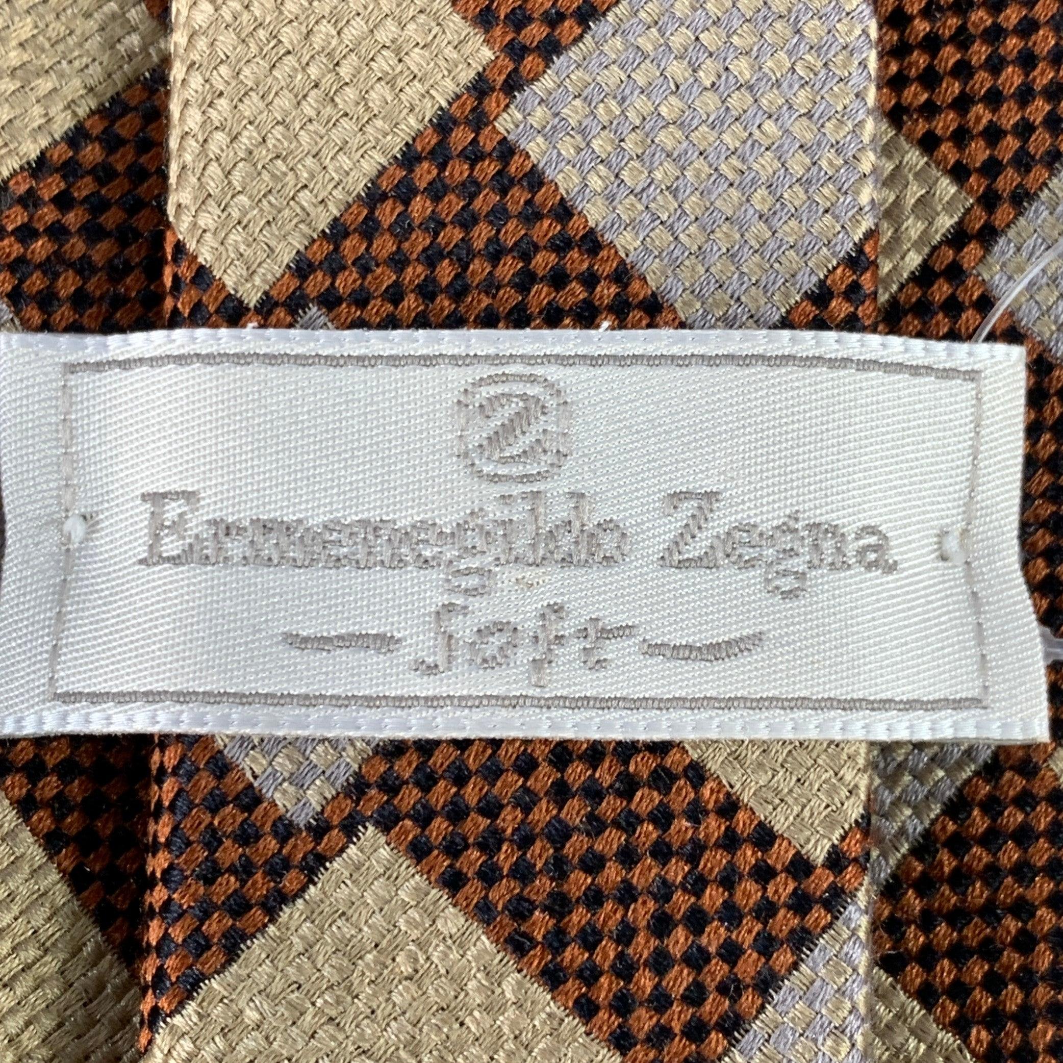 ERMENEGILDO ZEGNA Brown Grey Squares Silk Tie In Excellent Condition In San Francisco, CA
