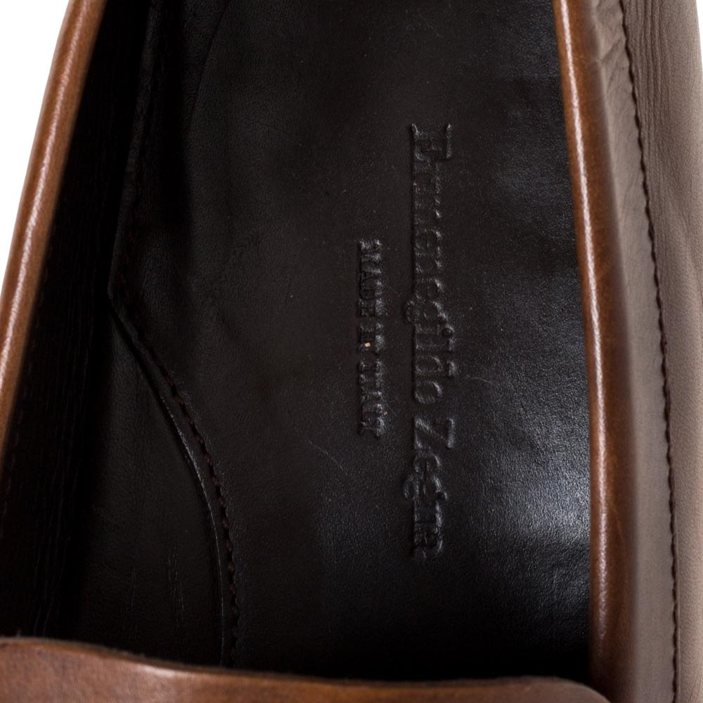 Black Ermenegildo Zegna Brown Leather Horsebit Slip On Loafers Size 42.5 For Sale