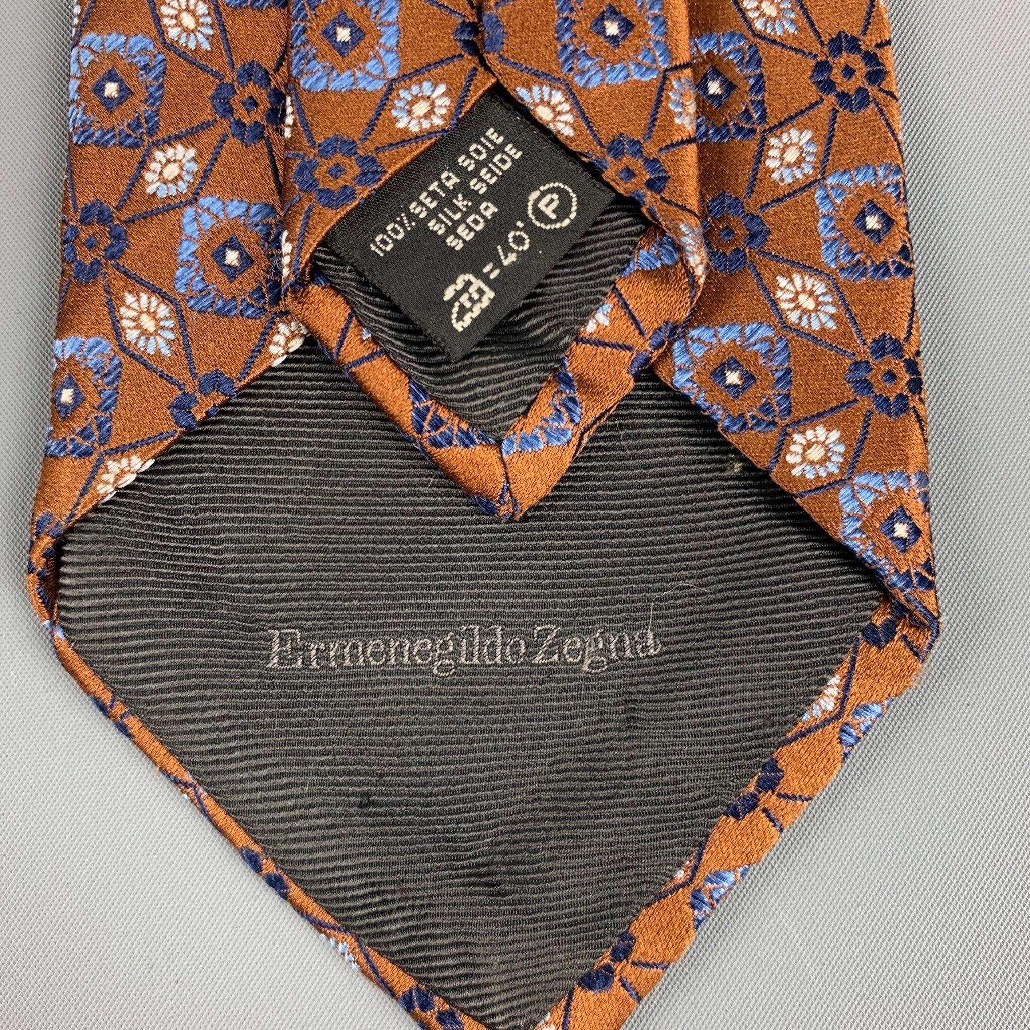 ERMENEGILDO ZEGNA Brown Navy Abstrakt Floral Seidenjacquard Krawatte Herren im Angebot