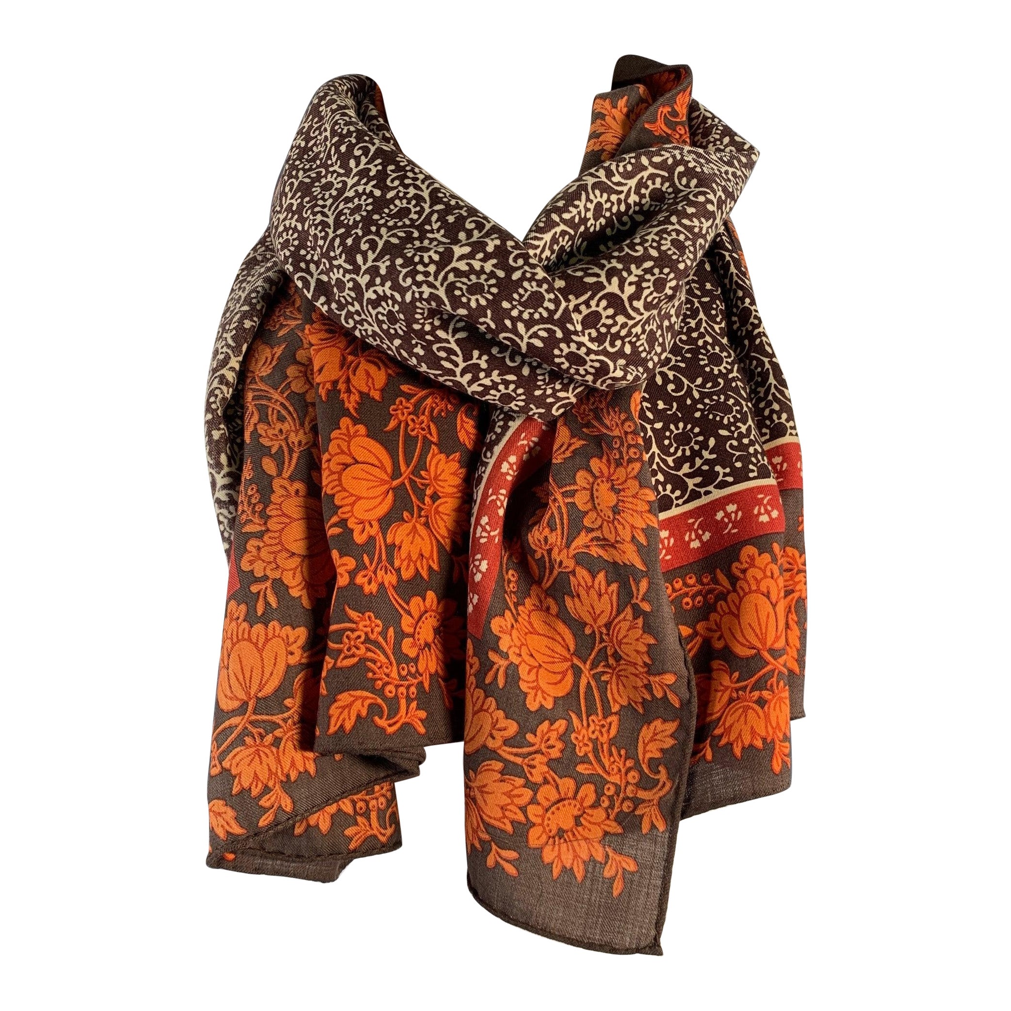 ERMENEGILDO ZEGNA Brown Orange Floral Wool Silk Scarf Shawl