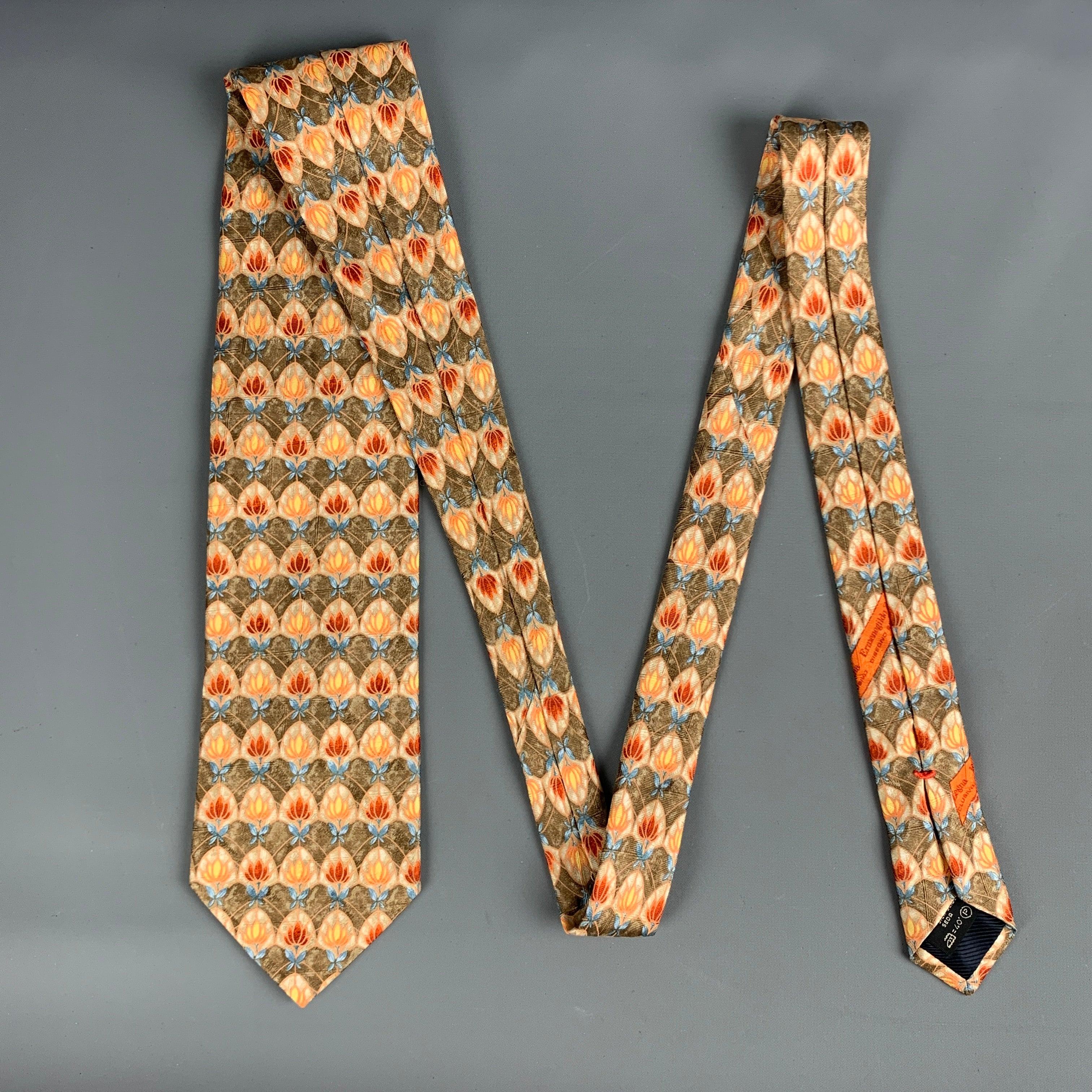 ERMENEGILDO ZEGNA Brown Red & Orange Abstrack Floral Silk Tie In Good Condition For Sale In San Francisco, CA