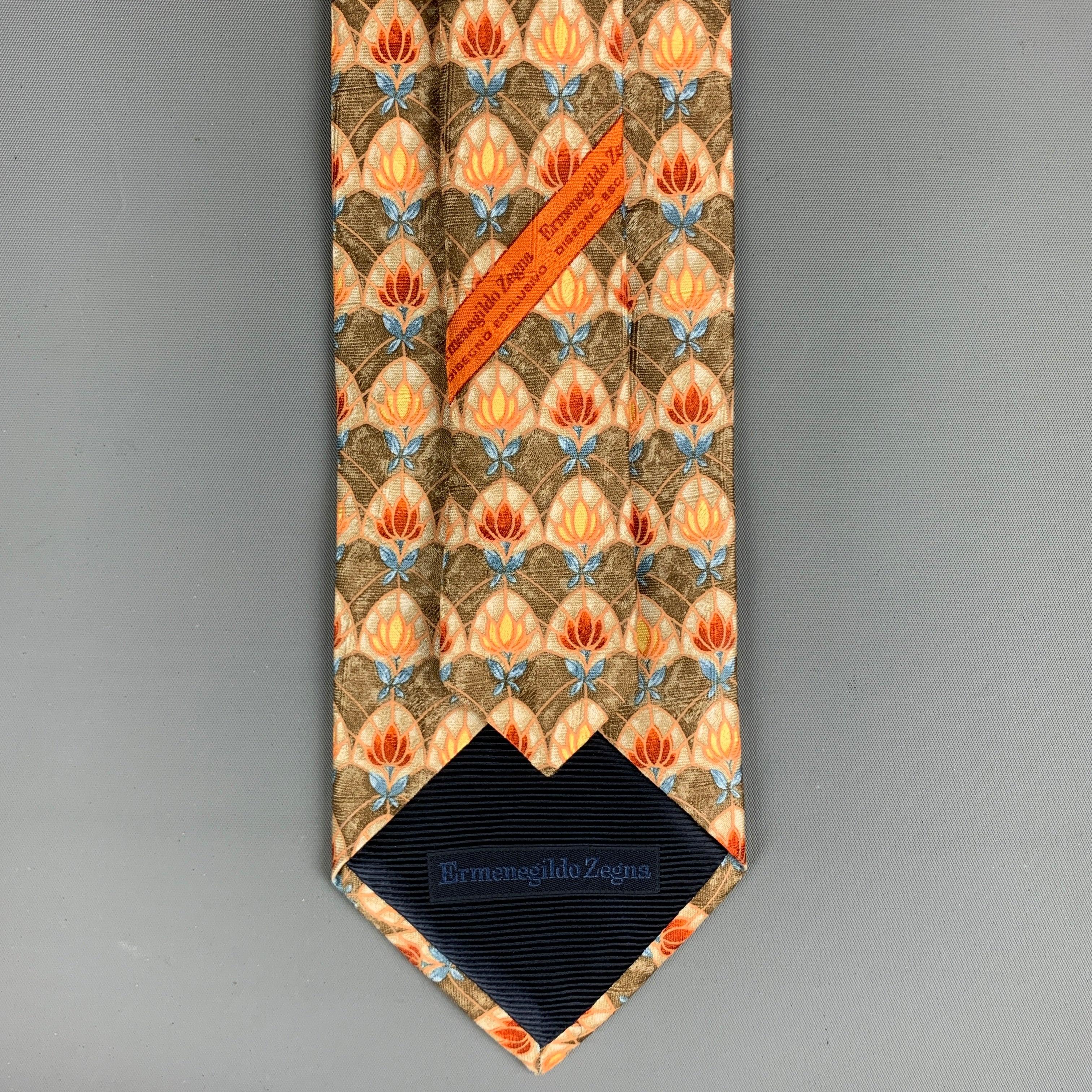 Men's ERMENEGILDO ZEGNA Brown Red & Orange Abstrack Floral Silk Tie For Sale