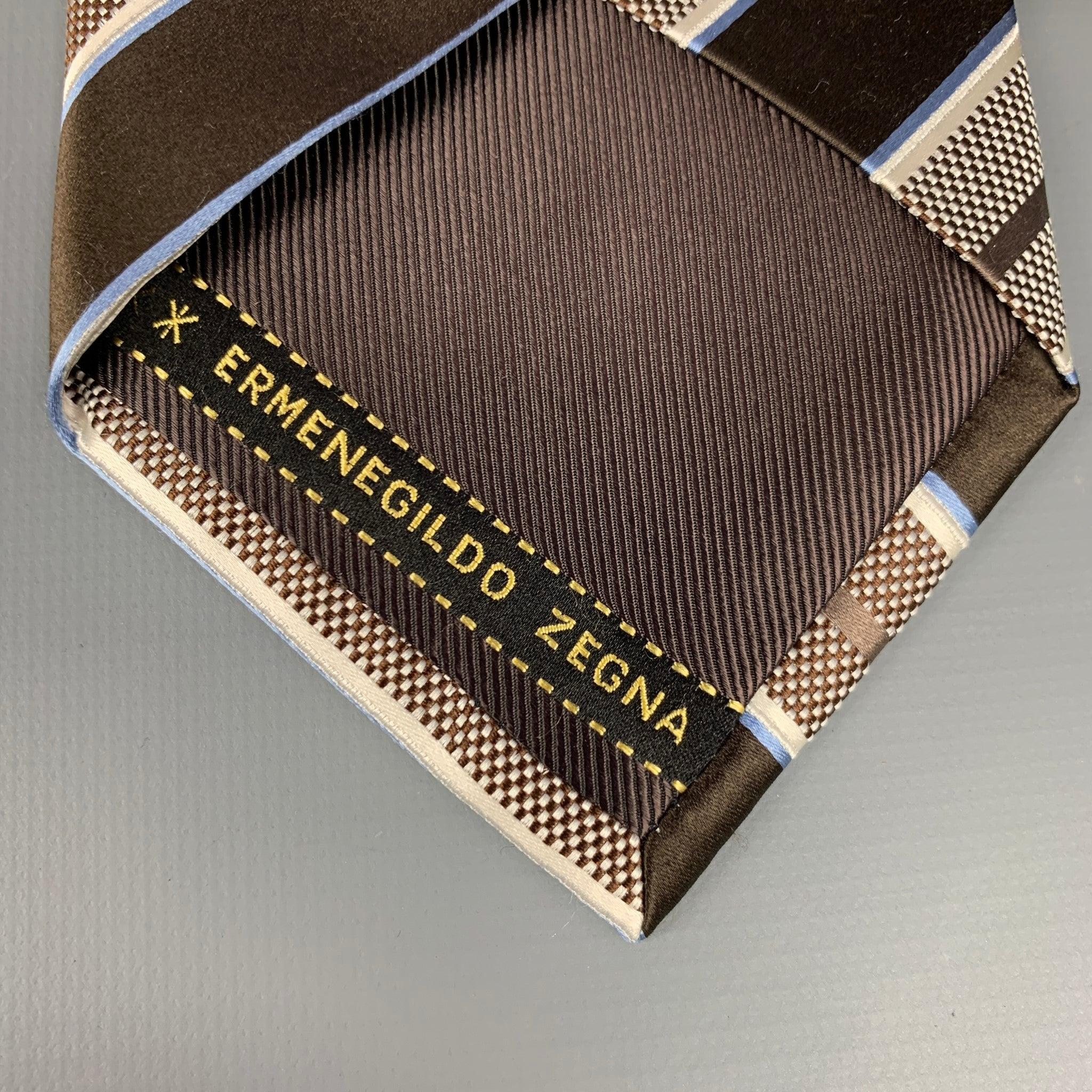 Men's ERMENEGILDO ZEGNA Brown & White Stripe Silk Tie For Sale