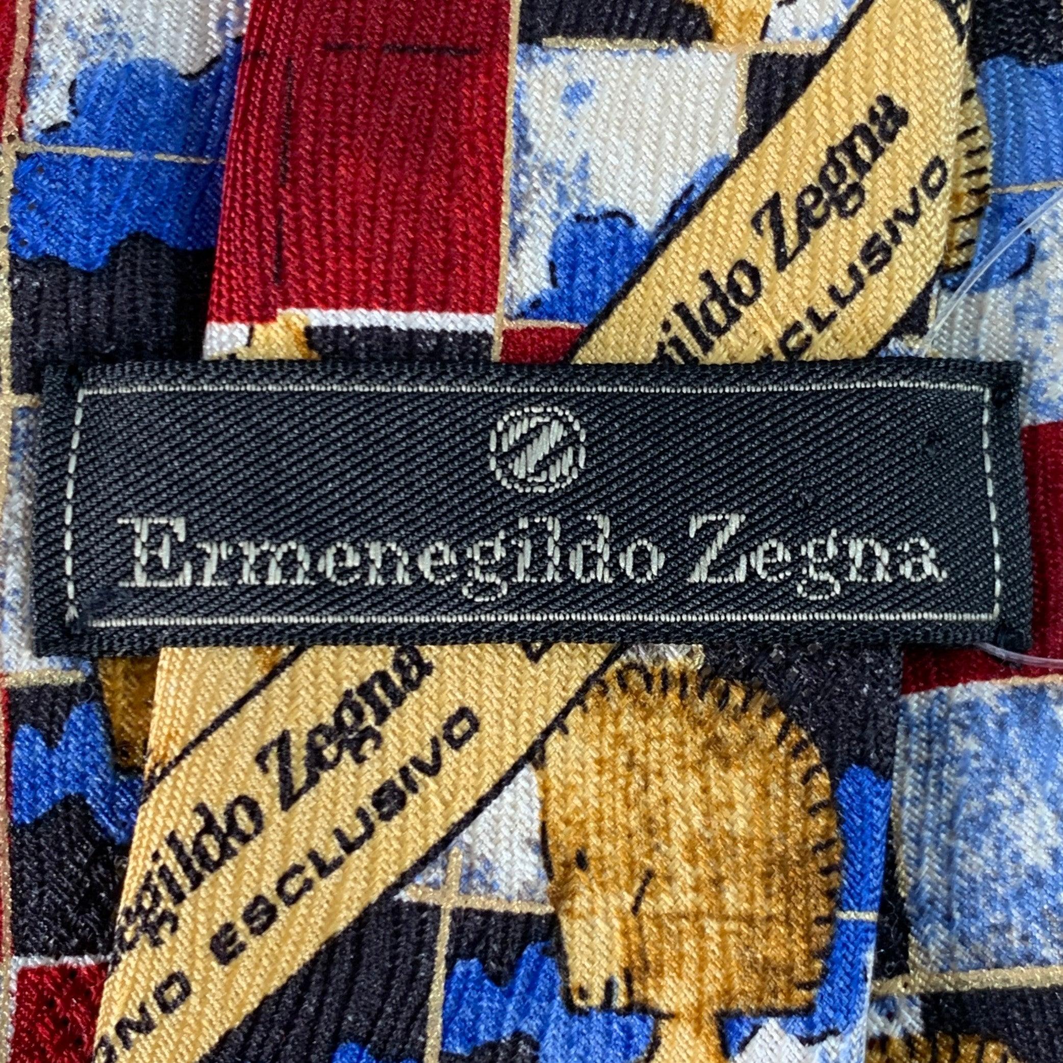 ERMENEGILDO ZEGNA Corbata de seda con cuadrados de tablero de ajedrez de caballos azul burdeos en Excelente estado para la venta en San Francisco, CA