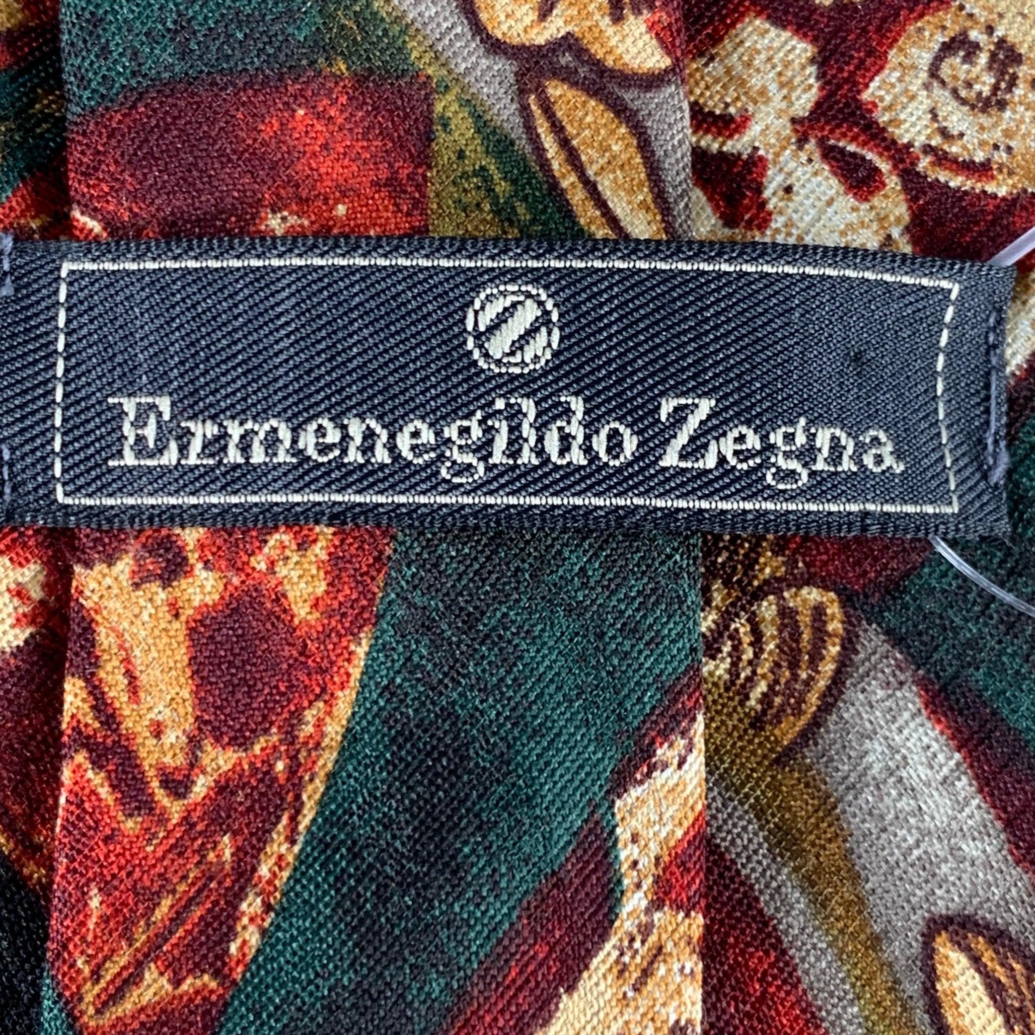 Red ERMENEGILDO ZEGNA Burgundy Green Abstract Silk Tie For Sale