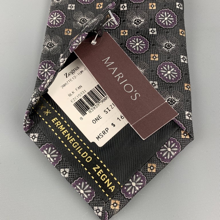 ERMENEGILDO ZEGNA Charcoal and PLum Floral Pattern Silk Tie For Sale at ...