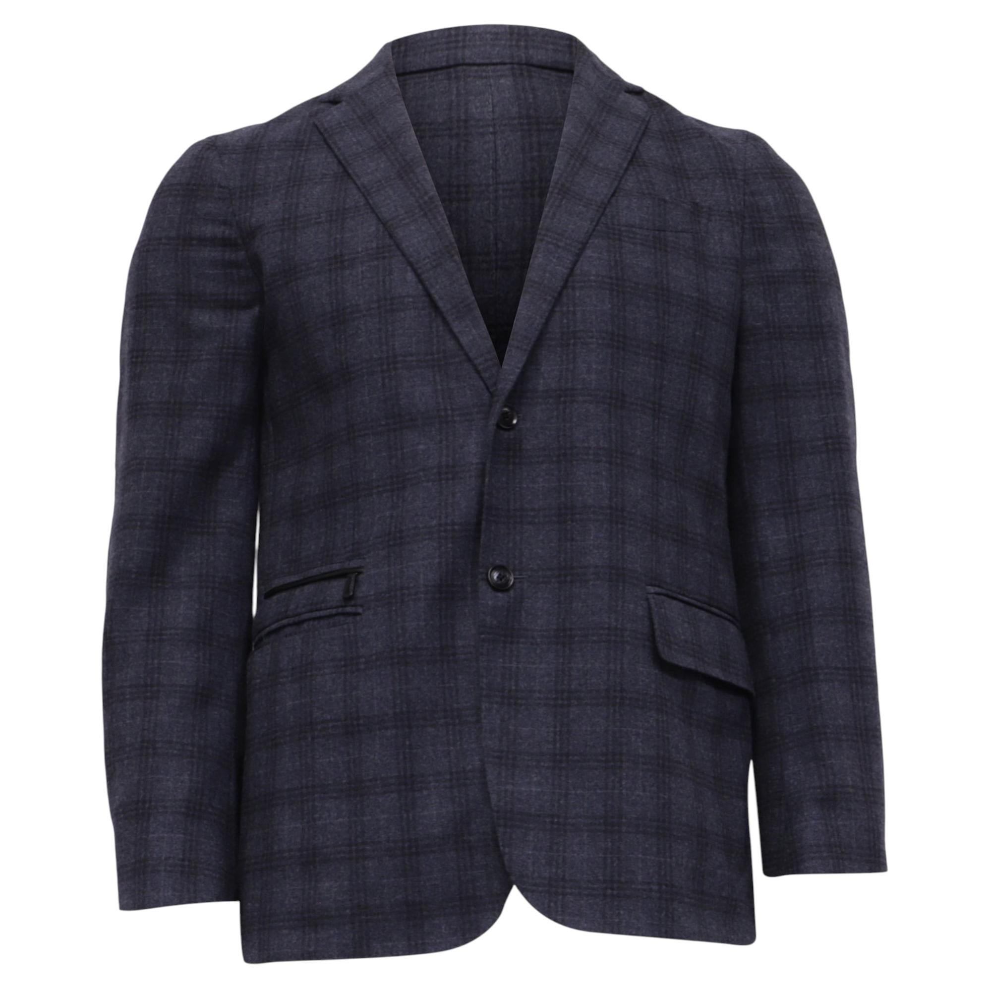 Ermenegildo Zegna Checked Single-Breasted Blazer in Navy Blue Wool