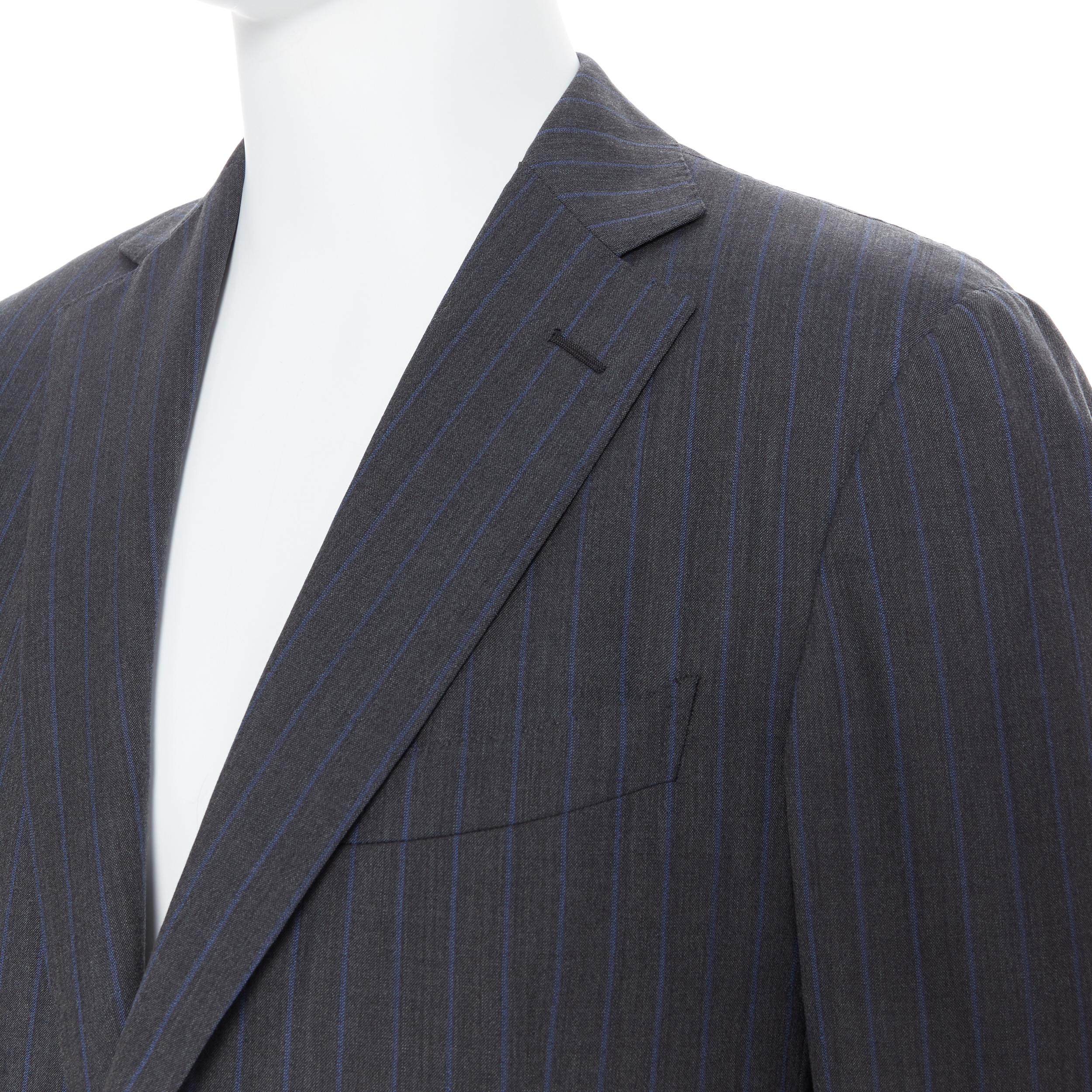 ERMENEGILDO ZEGNA Cool Effect grey blue pinstripe wool classic blazer jacket 50R 
Reference: LNKO/A01657 
Brand: Ermenegildo Zegna 
Material: Wool 
Color: Grey 
Pattern: Striped 
Closure: Button 
Extra Detail: Cool effect collection. 
Made in: Italy