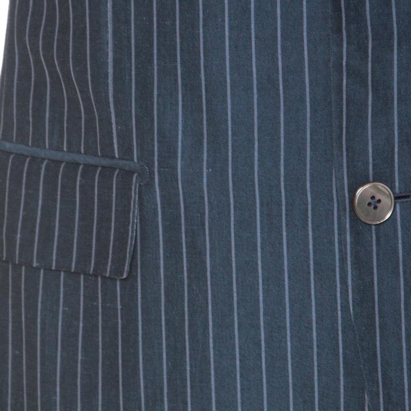 Ermenegildo Zegna Couture Blue Striped Linen and Silk Blend Regular Fit Suit L In Good Condition In Dubai, Al Qouz 2
