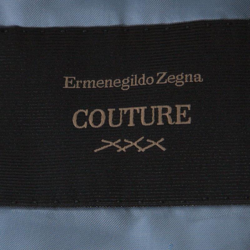 Black Ermenegildo Zegna Couture Blue Striped Linen and Silk Blend Regular Fit Suit L