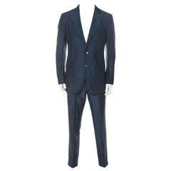 Ermenegildo Zegna Couture Costume bleu rayé en lin et soie:: taille normale L