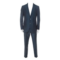 Ermenegildo Zegna Couture Blue Striped Linen and Silk Blend Regular Fit Suit L