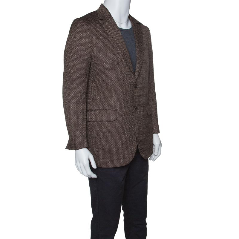 Black Ermenegildo Zegna Couture Brown Textured Silk Cotton Blend Tailored Blazer L