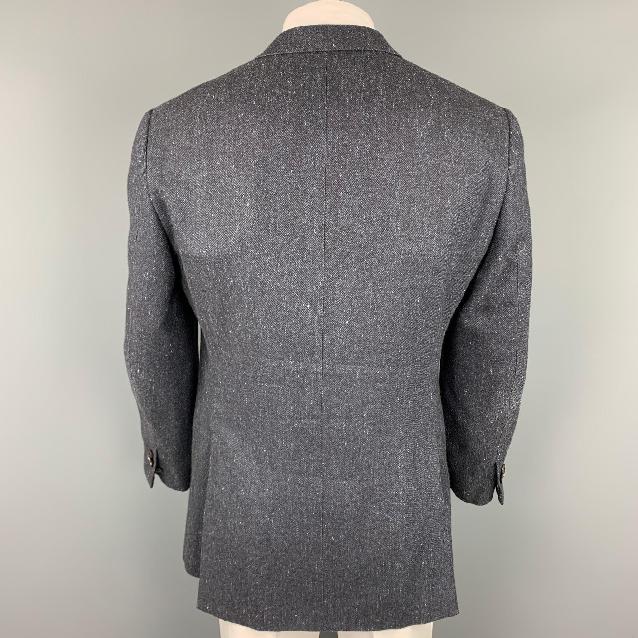 Gray ERMENEGILDO ZEGNA Couture Size 44 Regular Navy Herringbone Cashmere Jacket