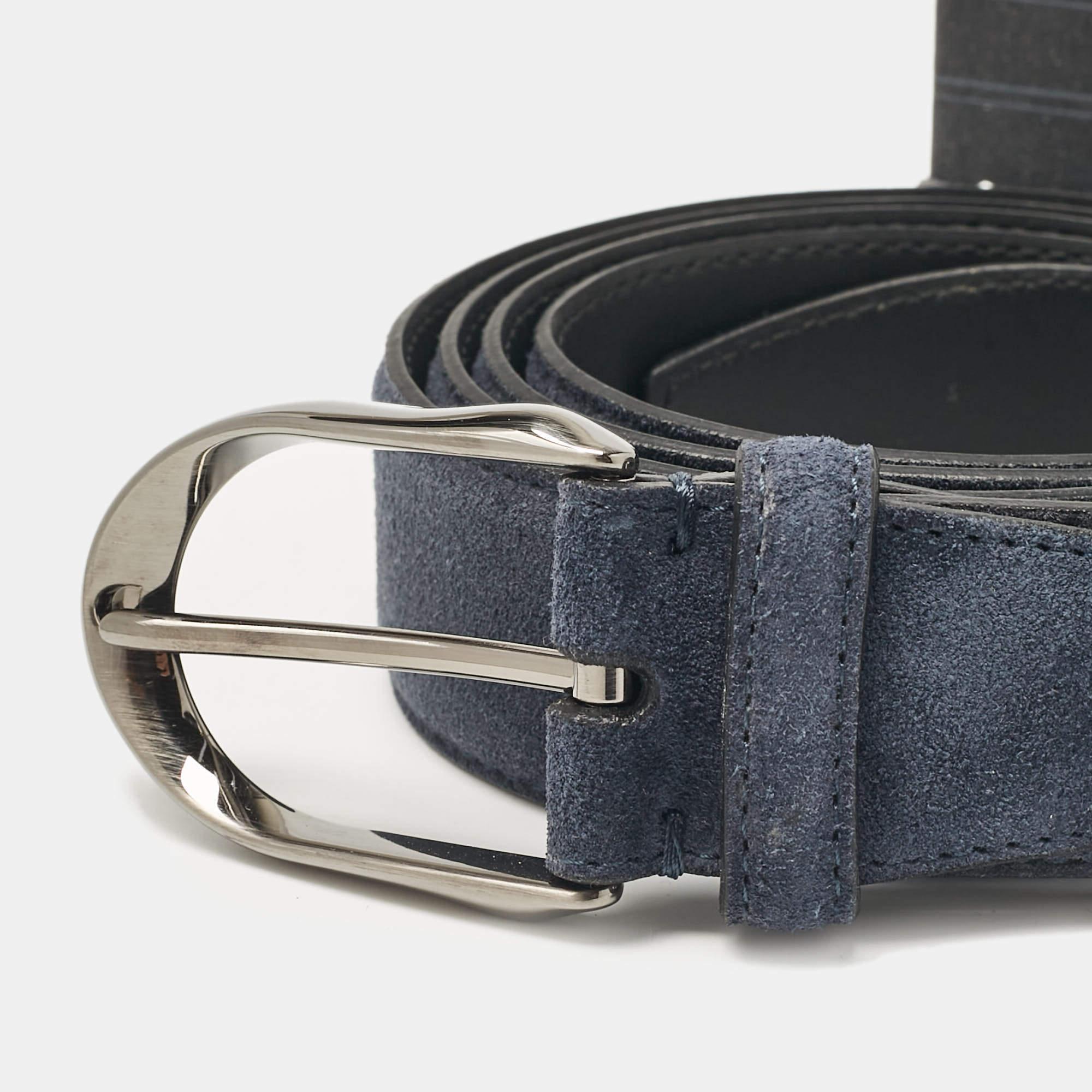 Black Ermenegildo Zegna Dark Blue Suede Buckle Belt 120 CM