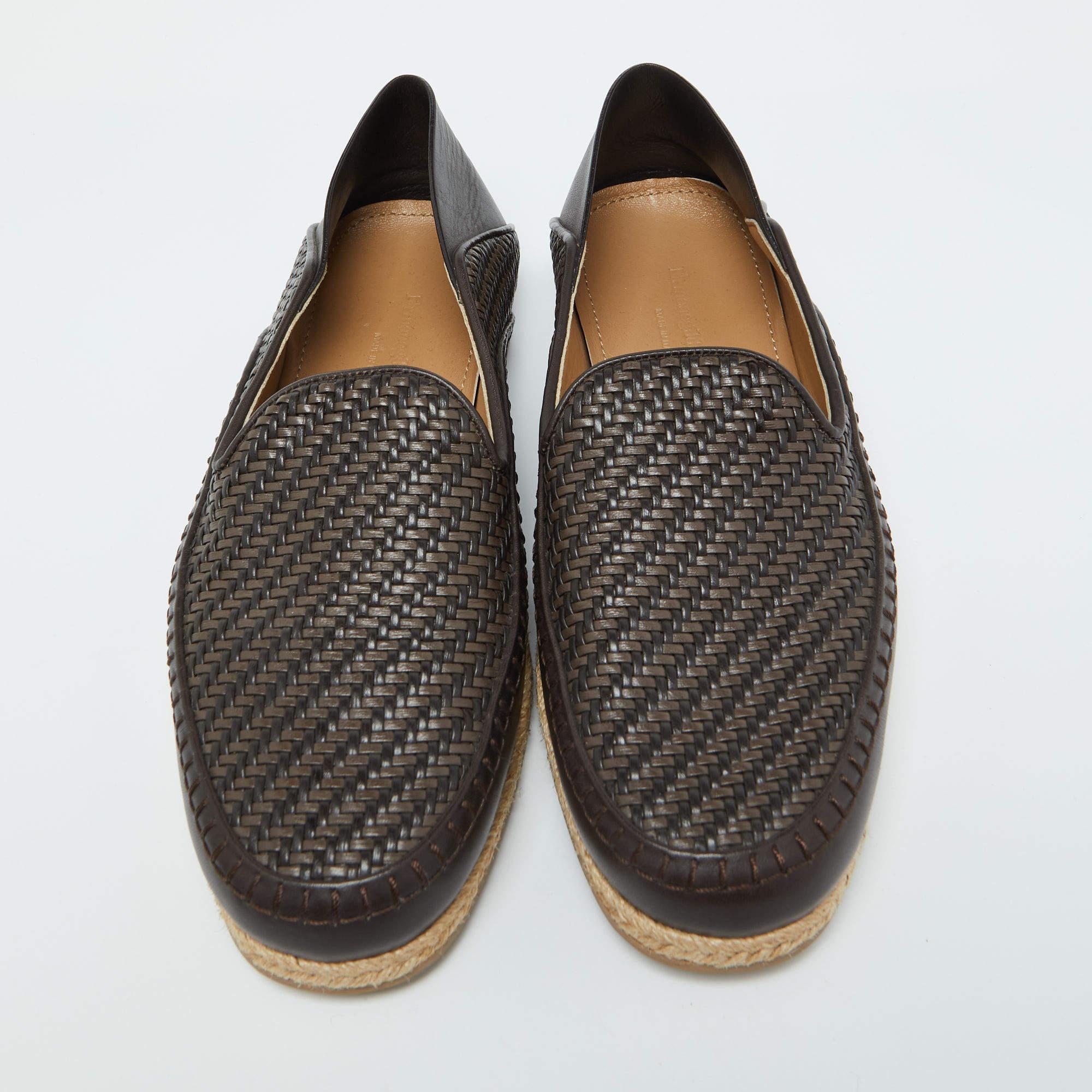 Black Ermenegildo Zegna Dark Brown Leather Pelle Tessuta Espadrilles Loafers Size 39