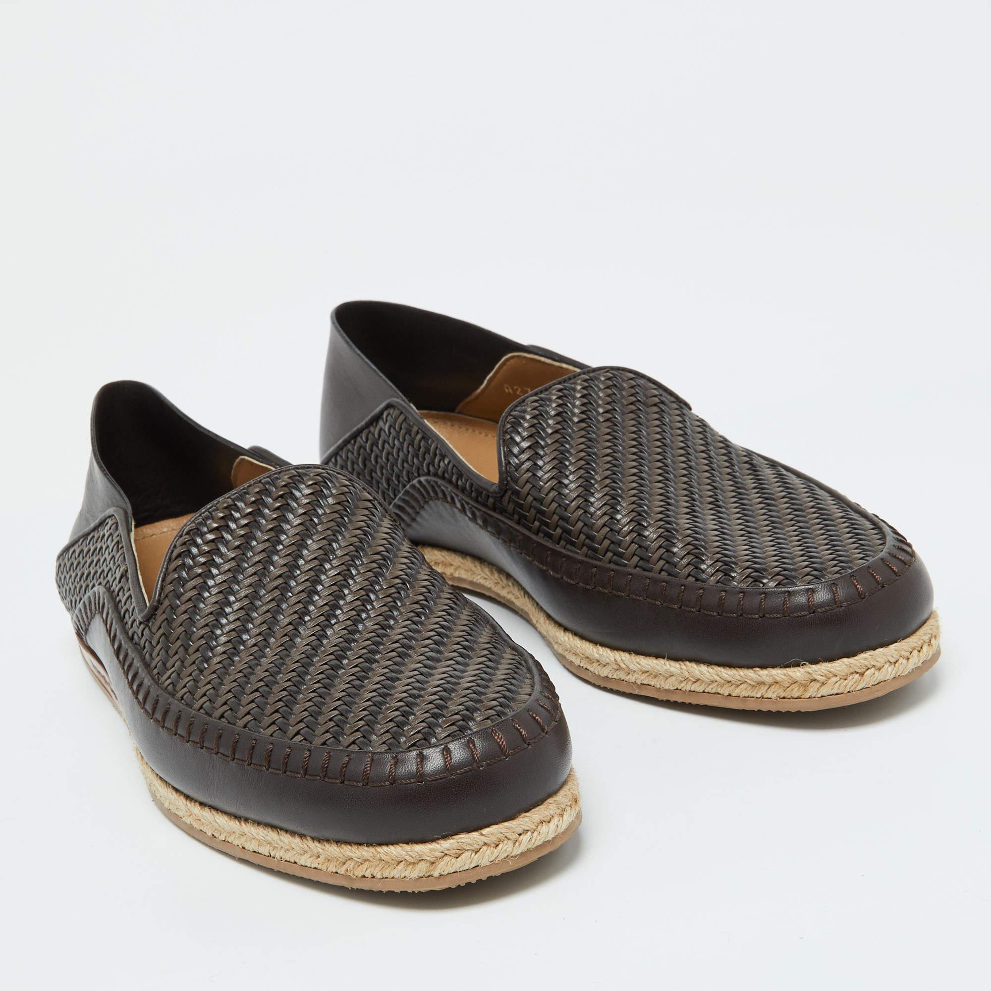 Ermenegildo Zegna Dark Brown Leather Pelle Tessuta Espadrilles Loafers Size 39 In Good Condition In Dubai, Al Qouz 2