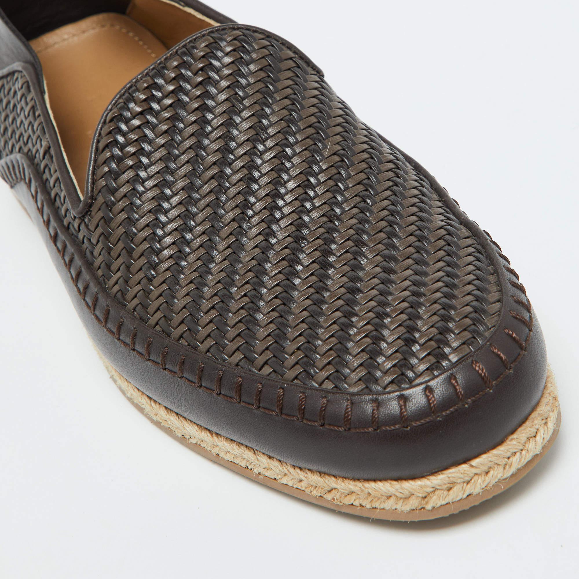 Ermenegildo Zegna Dark Brown Leather Pelle Tessuta Espadrilles Loafers Size 39 3