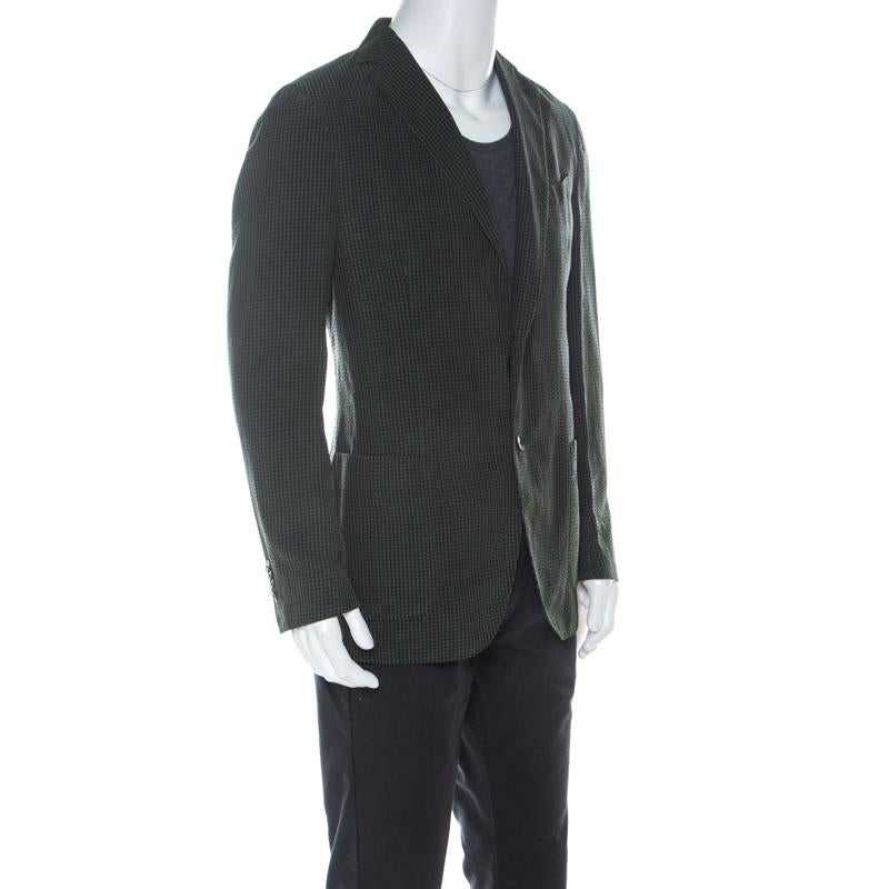 Black Ermenegildo Zegna Dark Green Checkered Seersucker Silk Regular Fit Blazer L