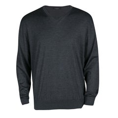 Ermenegildo Zegna Dark Grey Cashmere and Silk Long Sleeve V Neck Sweater XXL