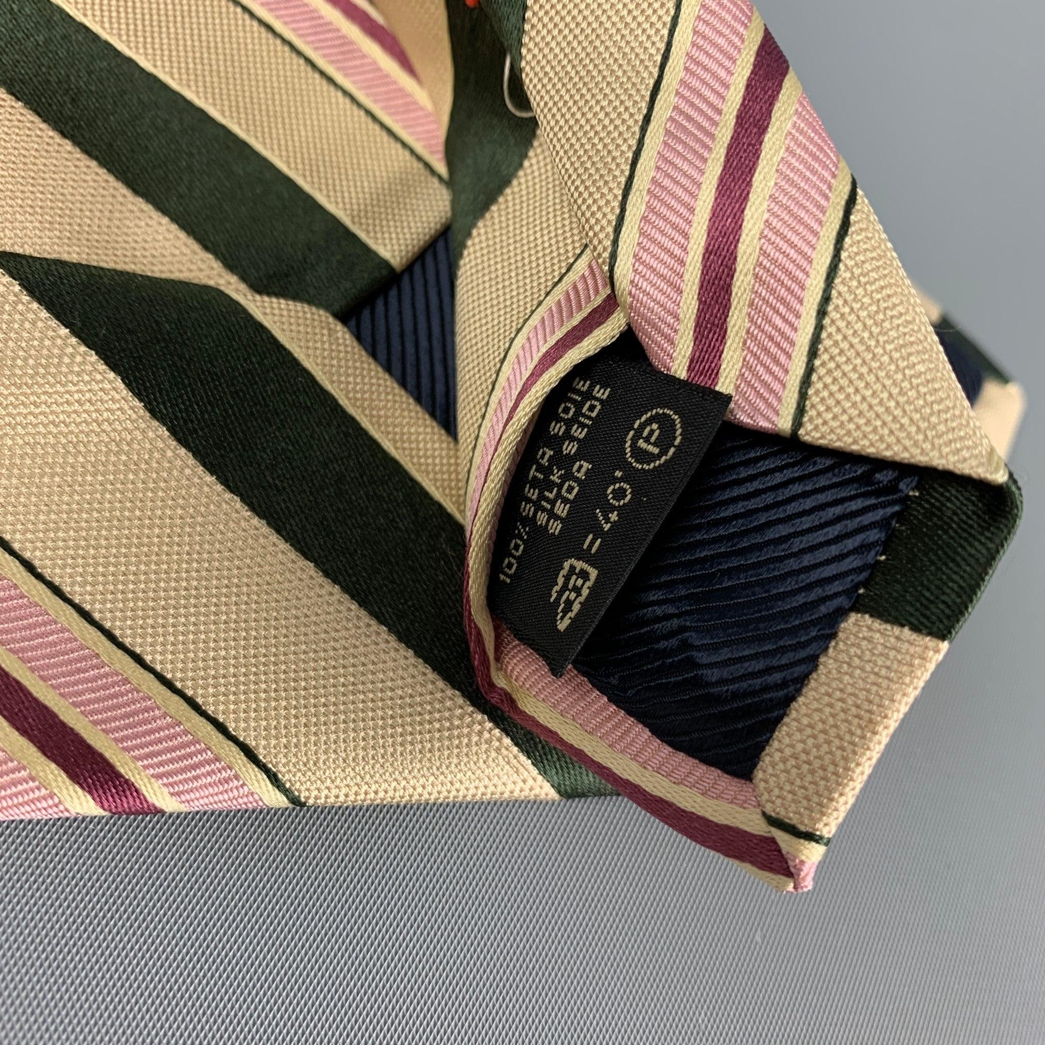 ERMENEGILDO ZEGNA for WILKES BASHFORD Beige Black Pink Diagonal Stripe Silk Tie In Good Condition For Sale In San Francisco, CA