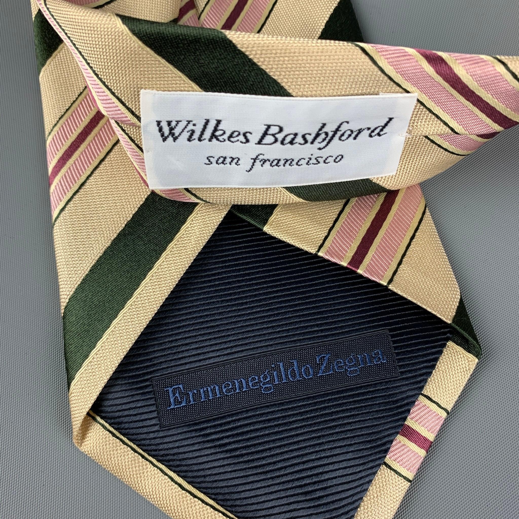Men's ERMENEGILDO ZEGNA for WILKES BASHFORD Beige Black Pink Diagonal Stripe Silk Tie For Sale