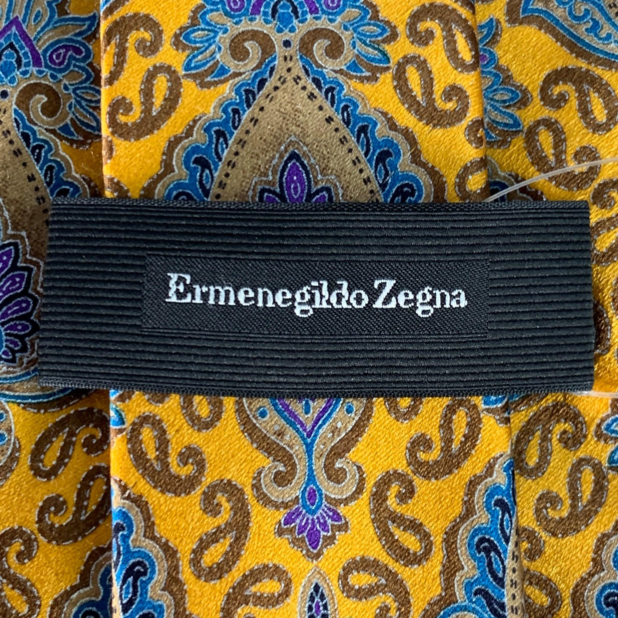 Ermenegildo Zegna Cravate en satin de soie abstraite bleu doré Excellent état - En vente à San Francisco, CA