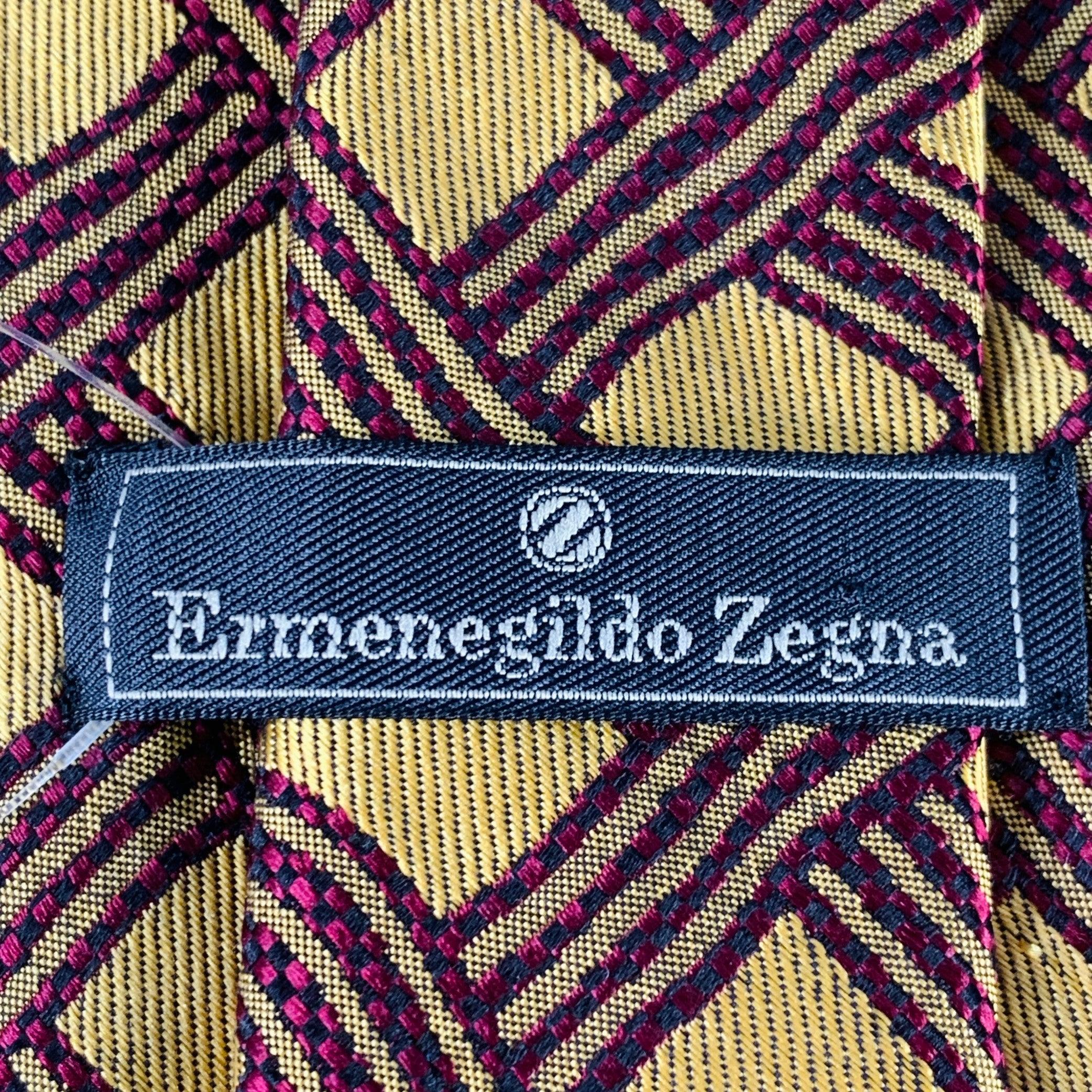 Brown ERMENEGILDO ZEGNA Gold Burgundy Jacquard Silk Tie