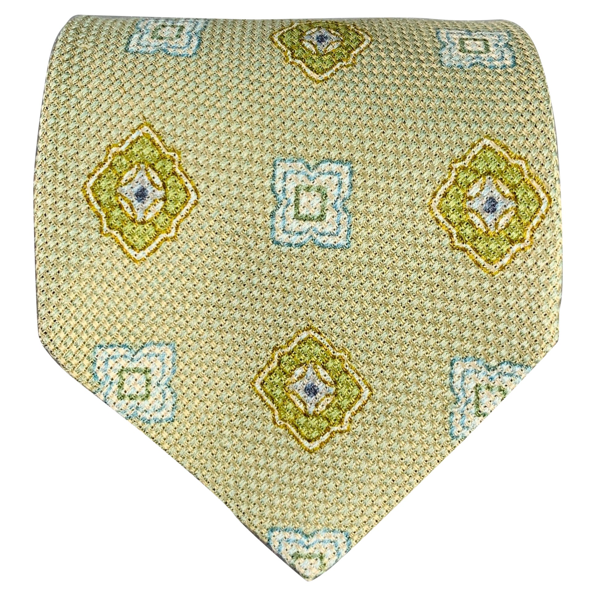 ERMENEGILDO ZEGNA Green Blue White Abstract Floral Silk Tie