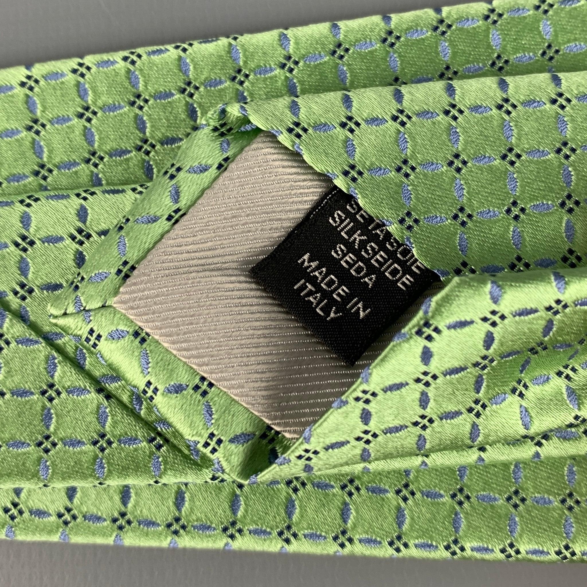 ERMENEGILDO ZEGNA Green Light Blue Squares Silk Satin Tie For Sale 1