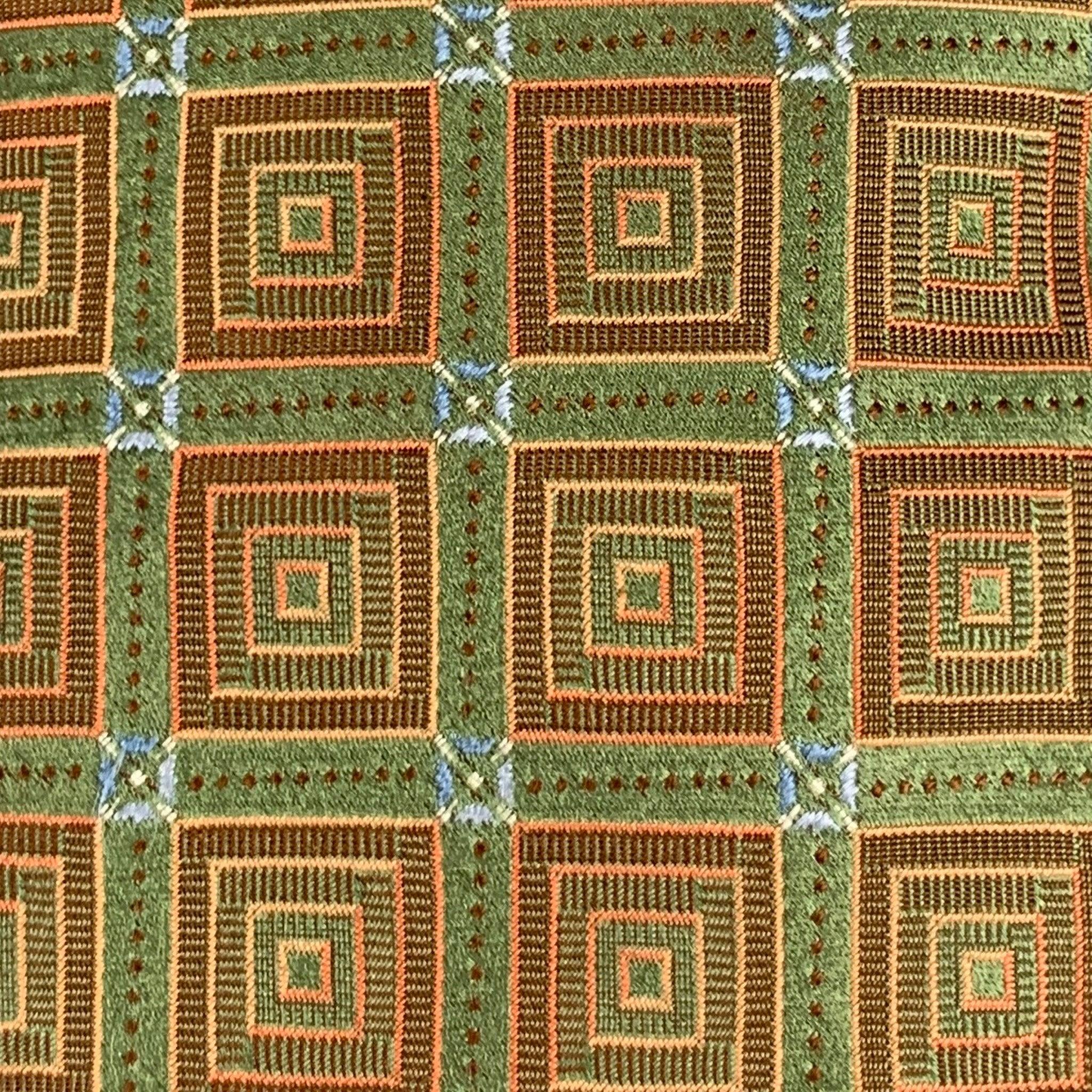ERMENEGILDO ZEGNA Green Orange Squares Silk Jacquard Tie In Excellent Condition For Sale In San Francisco, CA