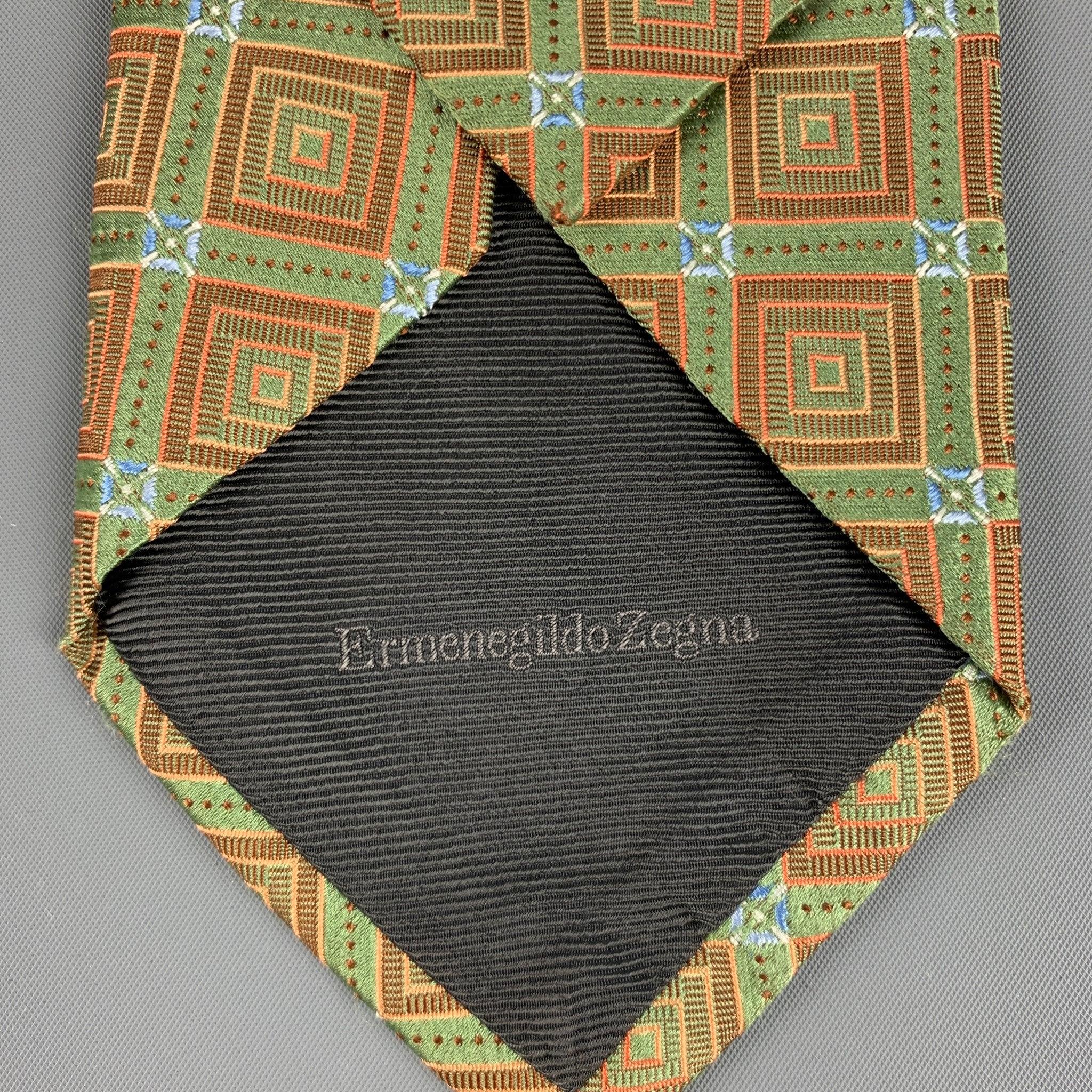 ERMENEGILDO ZEGNA Grün Orange Quadratische Seidenjacquard-Krawatte Herren im Angebot